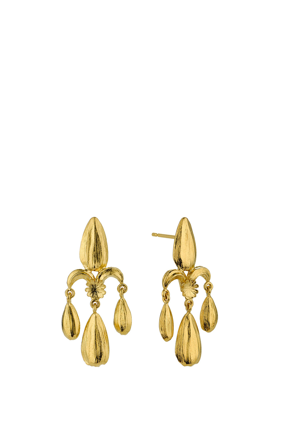 Sunflower Seed Fleur de Lis Chandelier Earrings Gold Plate