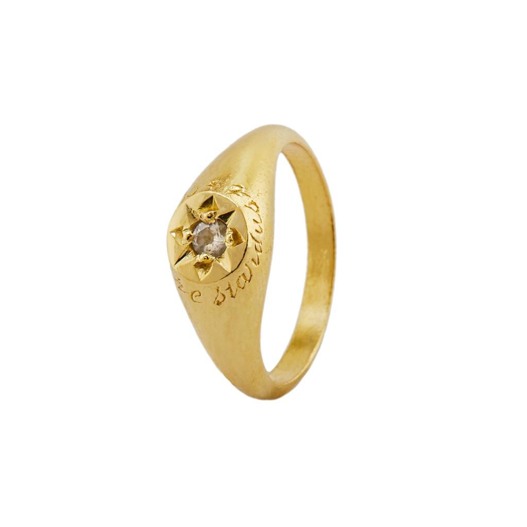 A.M. White Topaz Signet Ring with “A Star to Guide Me” Engraving Gold