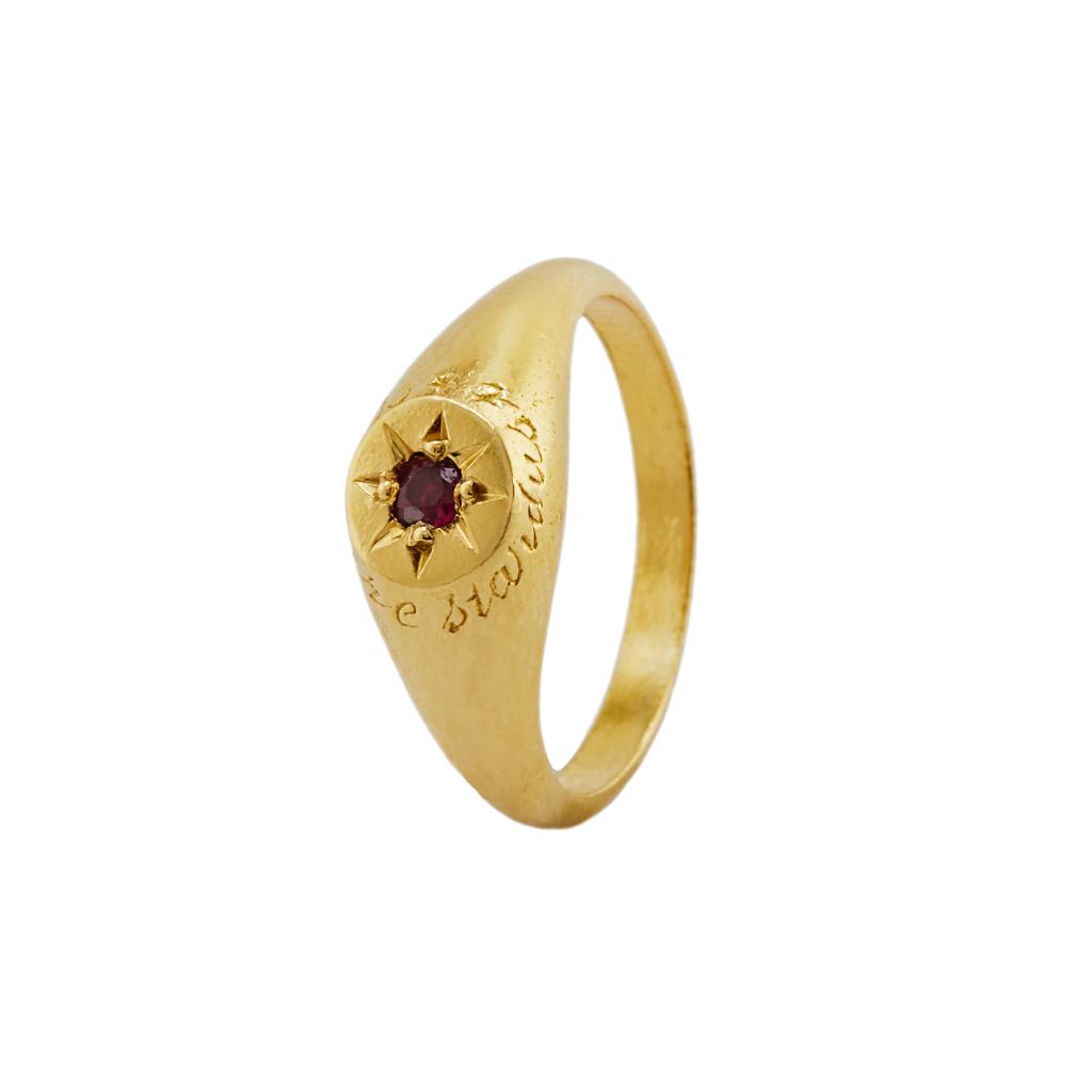 A.M. Ruby Signet Ring with “A Star to Guide Me” Engraving Gold