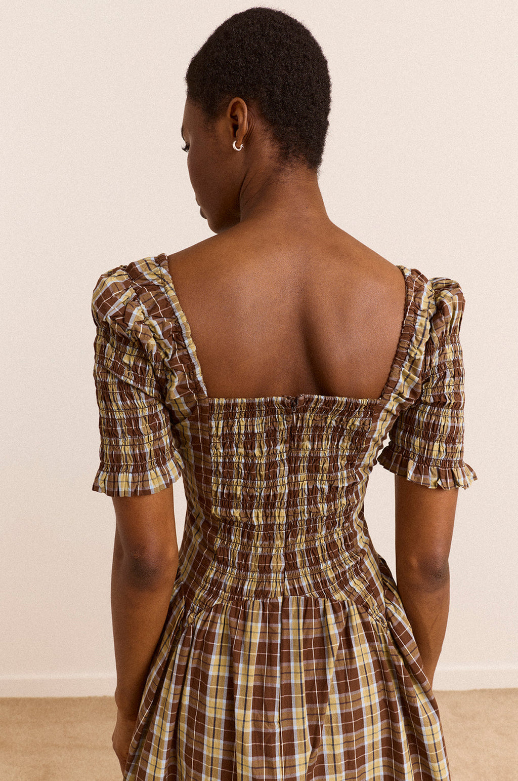 Emmy Shirred Midi Dress Cocoa Check
