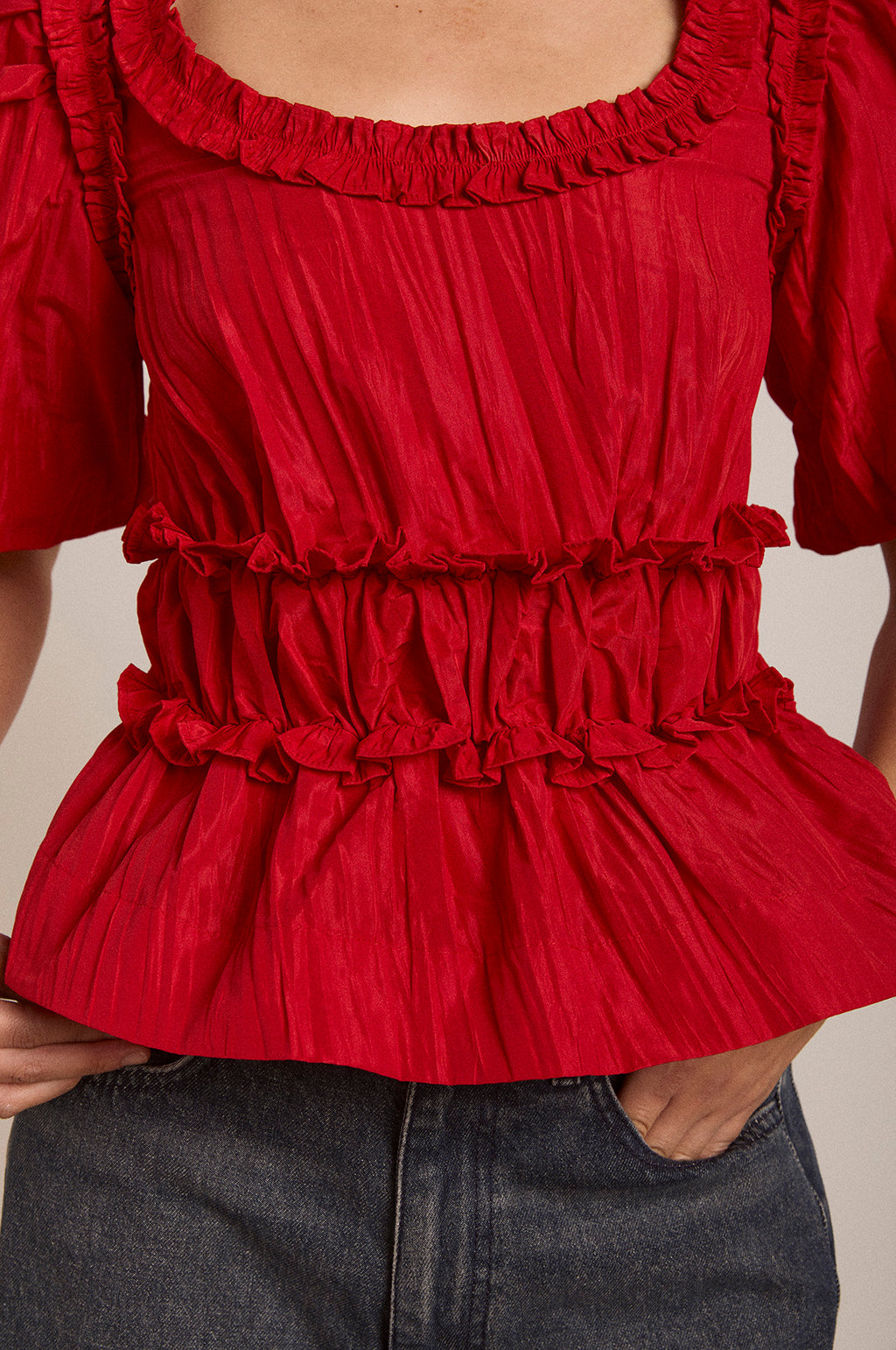 Everly Ruffle Blouse Red Tafetta