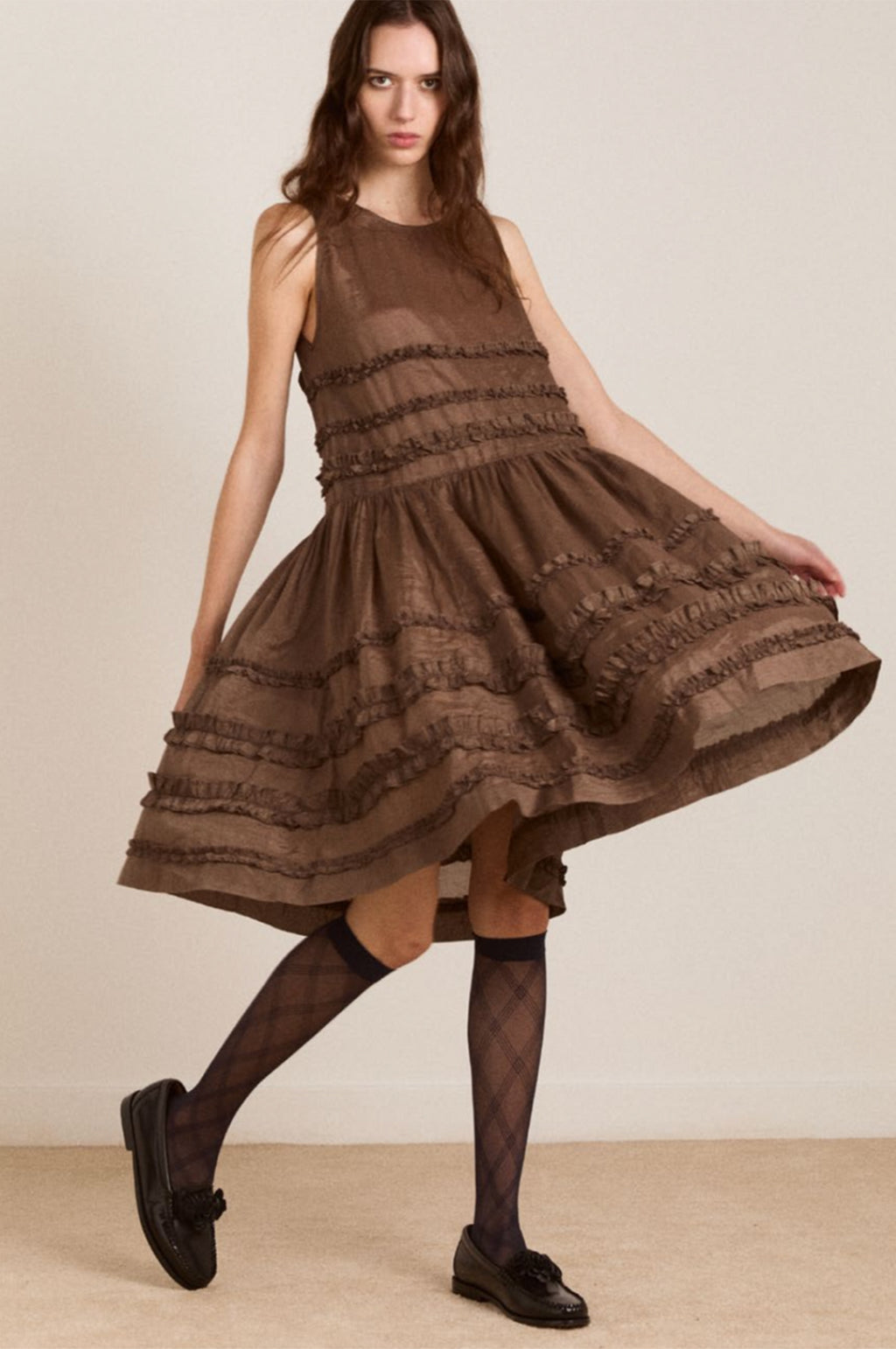 Reed Drop Waist Ruffle Midi Dress Sheer Choc