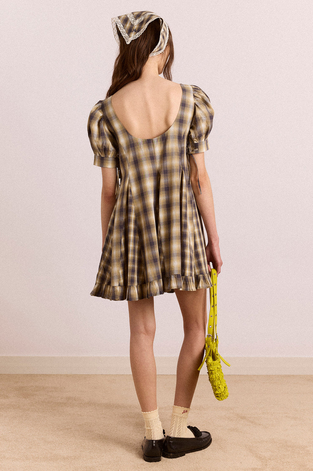 Sabina Mini Godet Dress Cardamon Mix Check