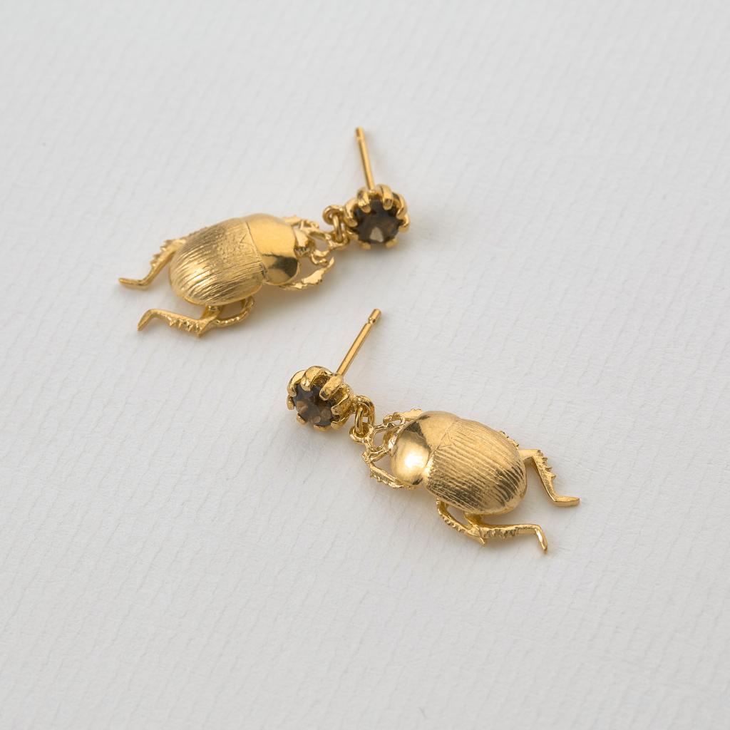 A.M. Dor Beetle & Smokey Quartz Drop Earrings Gold