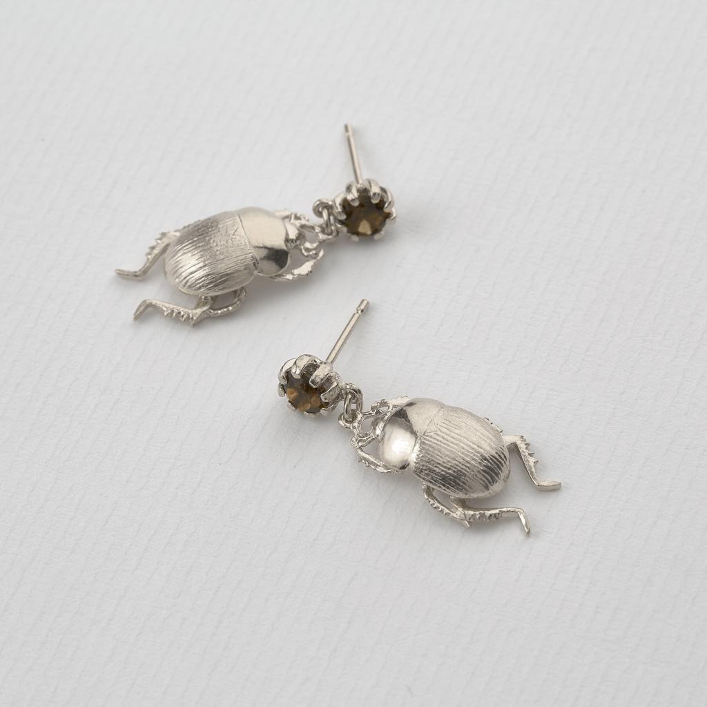 A.M. Dor Beetle & Smokey Quartz Drop Earrings Silver