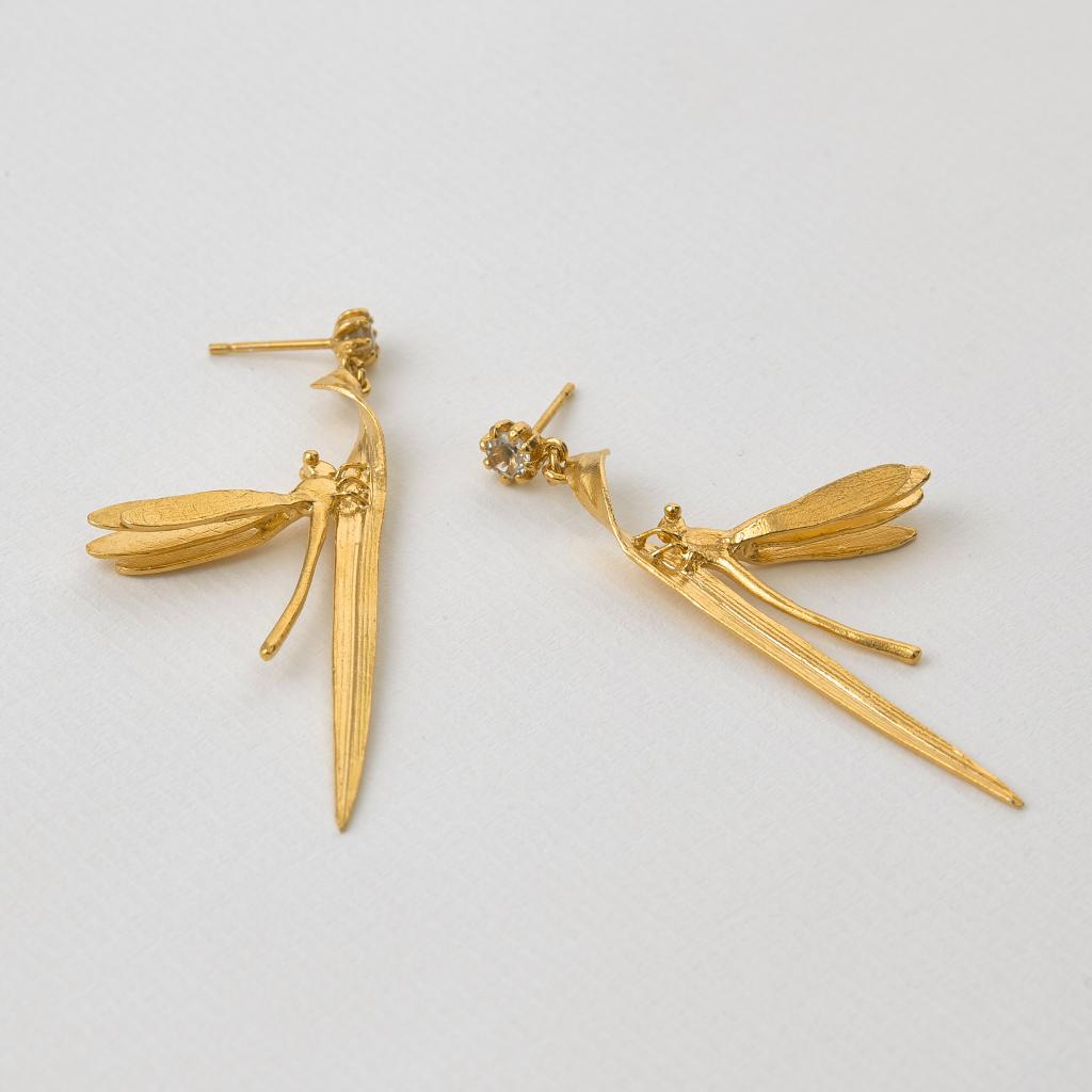 A.M. Damsel Fly & Grassblade Green Amethyst Drop Earrings Gold