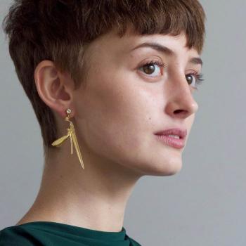 A.M. Damsel Fly & Grassblade Green Amethyst Drop Earrings Gold