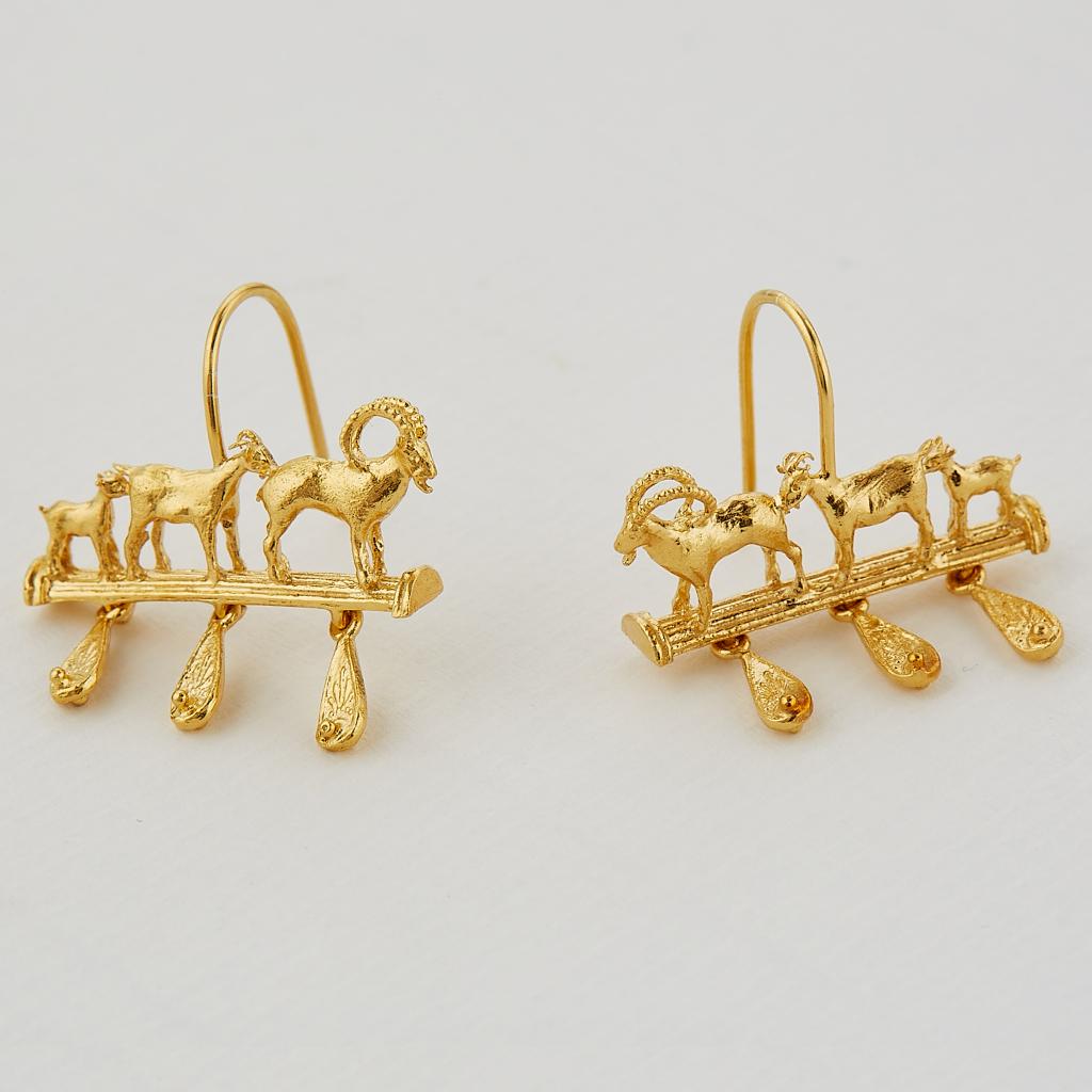 A.M. Mountain Goat Family Relic Earrings with Ornate Drops Gold