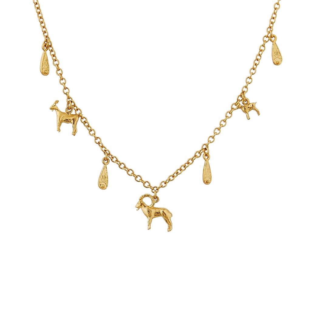 A.M. Mountain Goat Family Necklace with Ornate Drops Gold