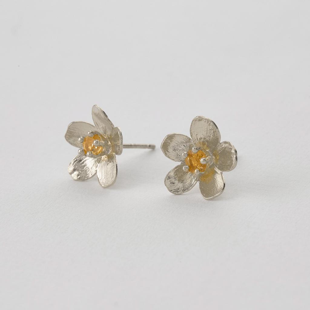 A.M. Citrine Buttercup Stud Earrings Silver