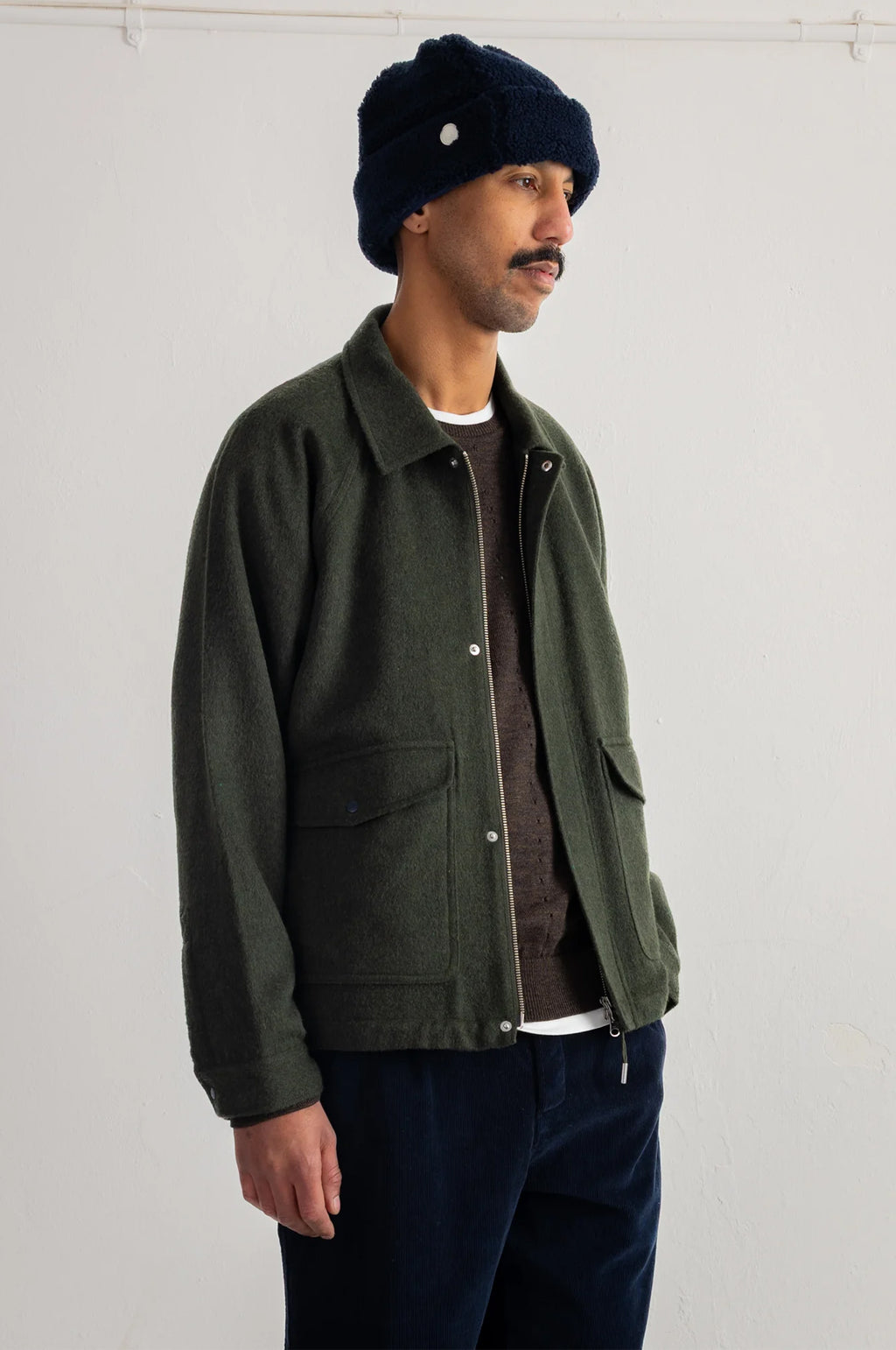 Cropped Winter Coat Olive Brushed Wool