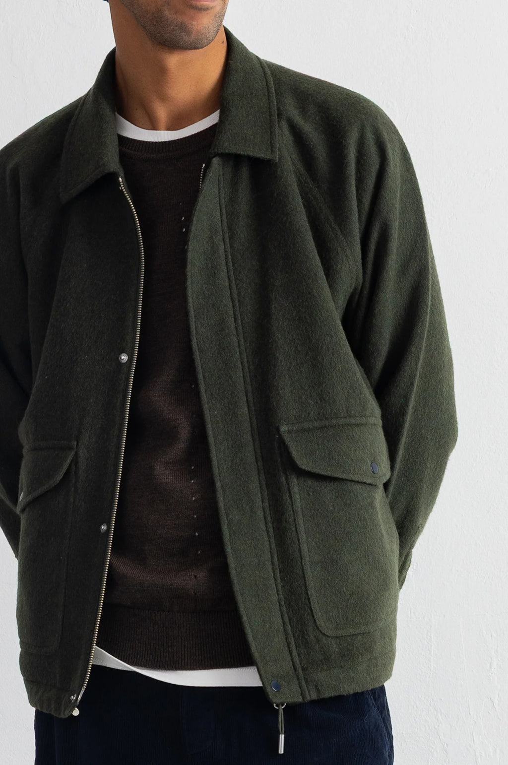 Cropped Winter Coat Olive Brushed Wool