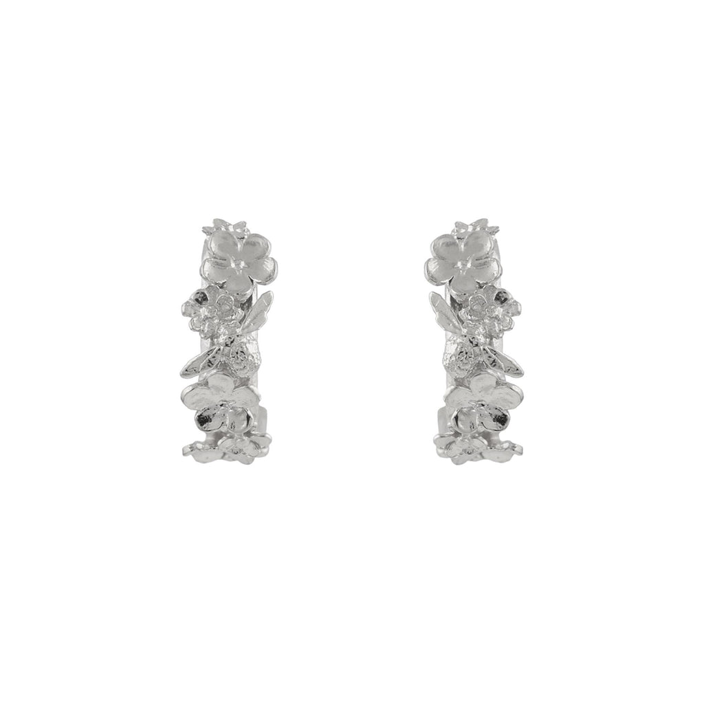 A.M. Floral Huggie Hoop Earrings with Itsy Bitsy Bee Silver