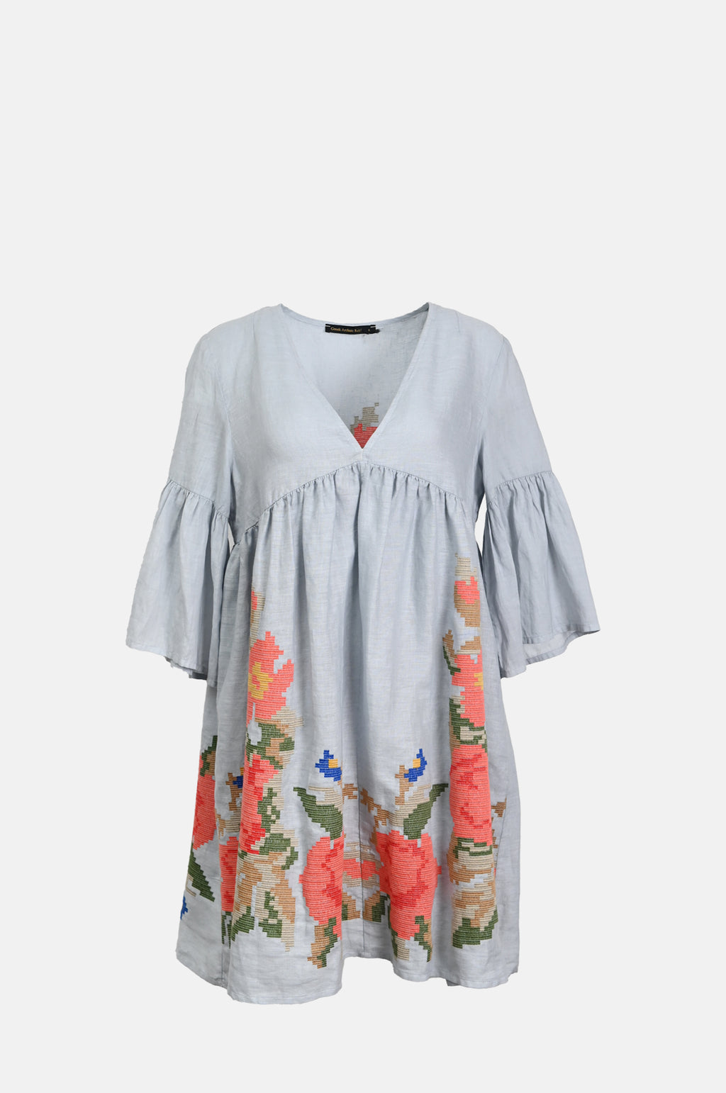 Greek Archaic Kori Rose Bell Sleeve Dress Light Grey.
