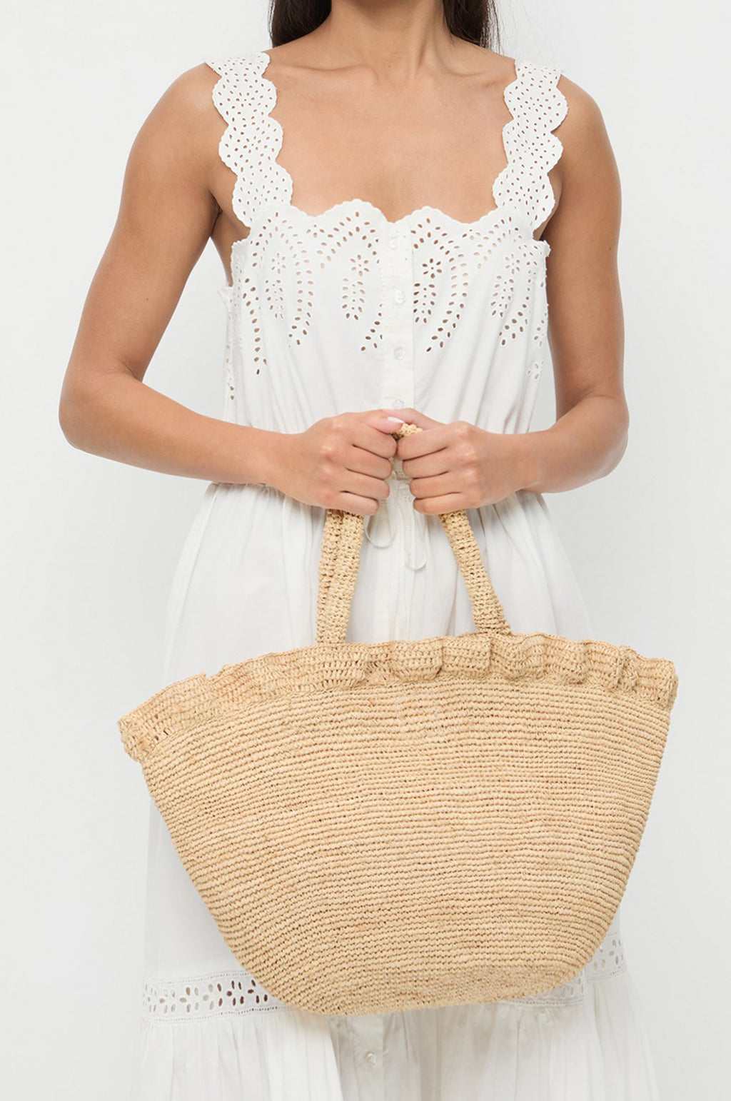 Cyrus Raffia Woven Tote with Ruffle Natural