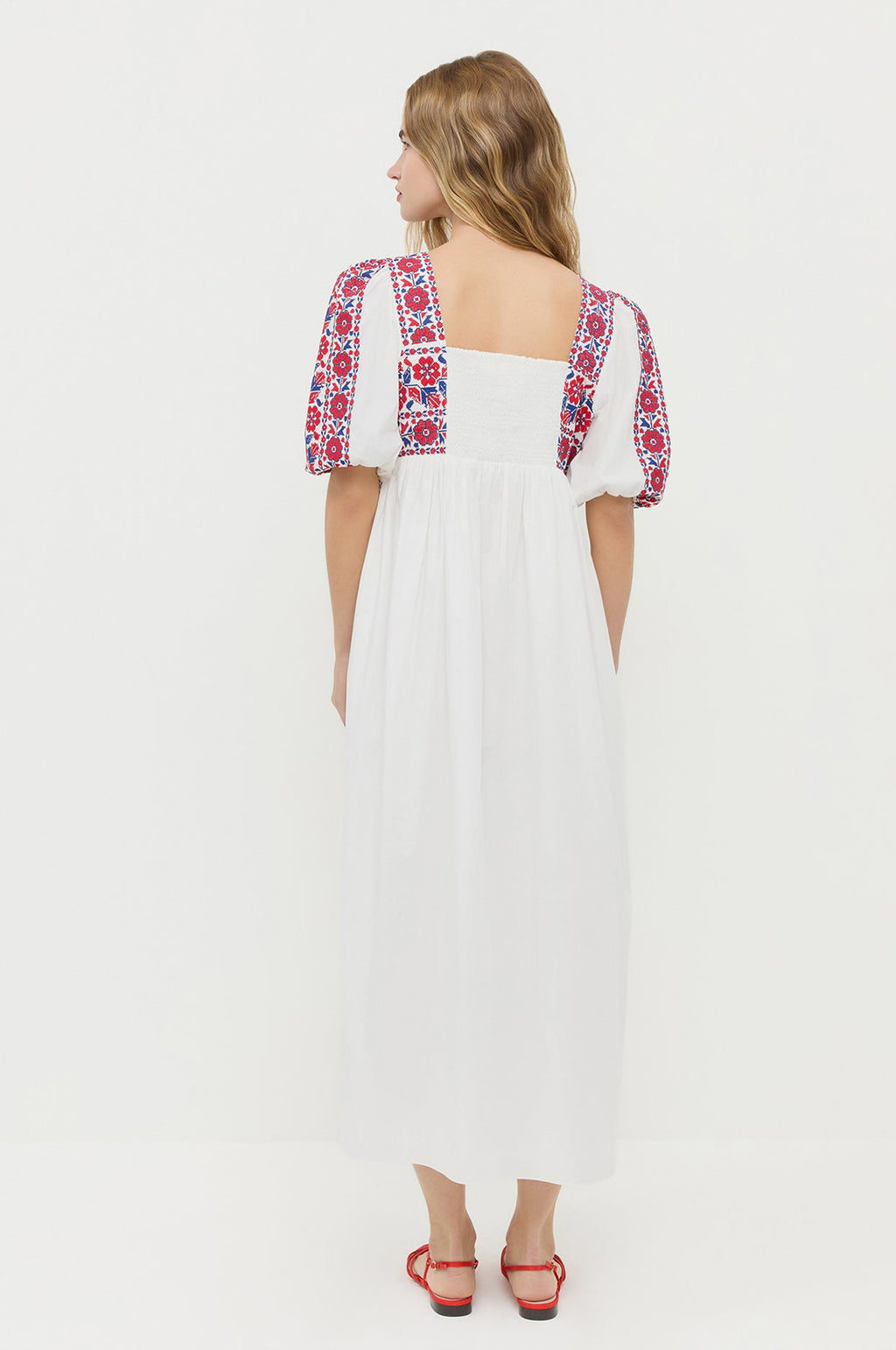 Lotus Embroidered Babydoll Dress Cream/Red/Blue