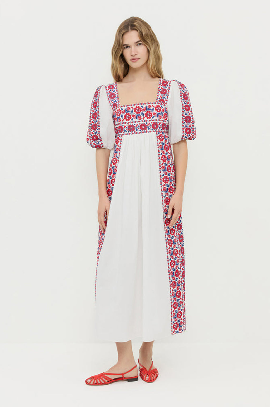 Lotus Embroidered Babydoll Dress Cream/Red/Blue