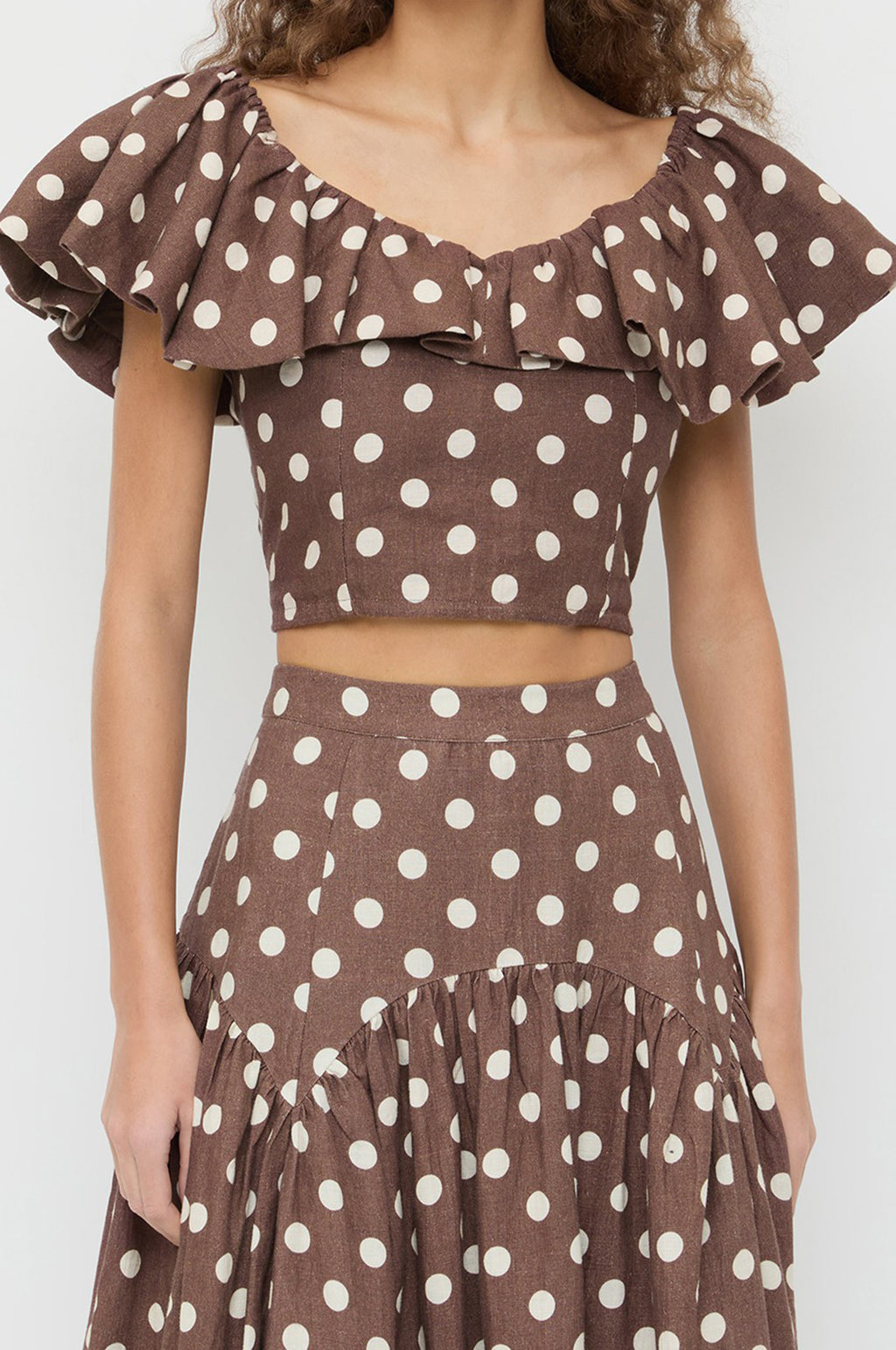 Vega Godet Bubble Sleeve Top Brown/Cream Polka Dot