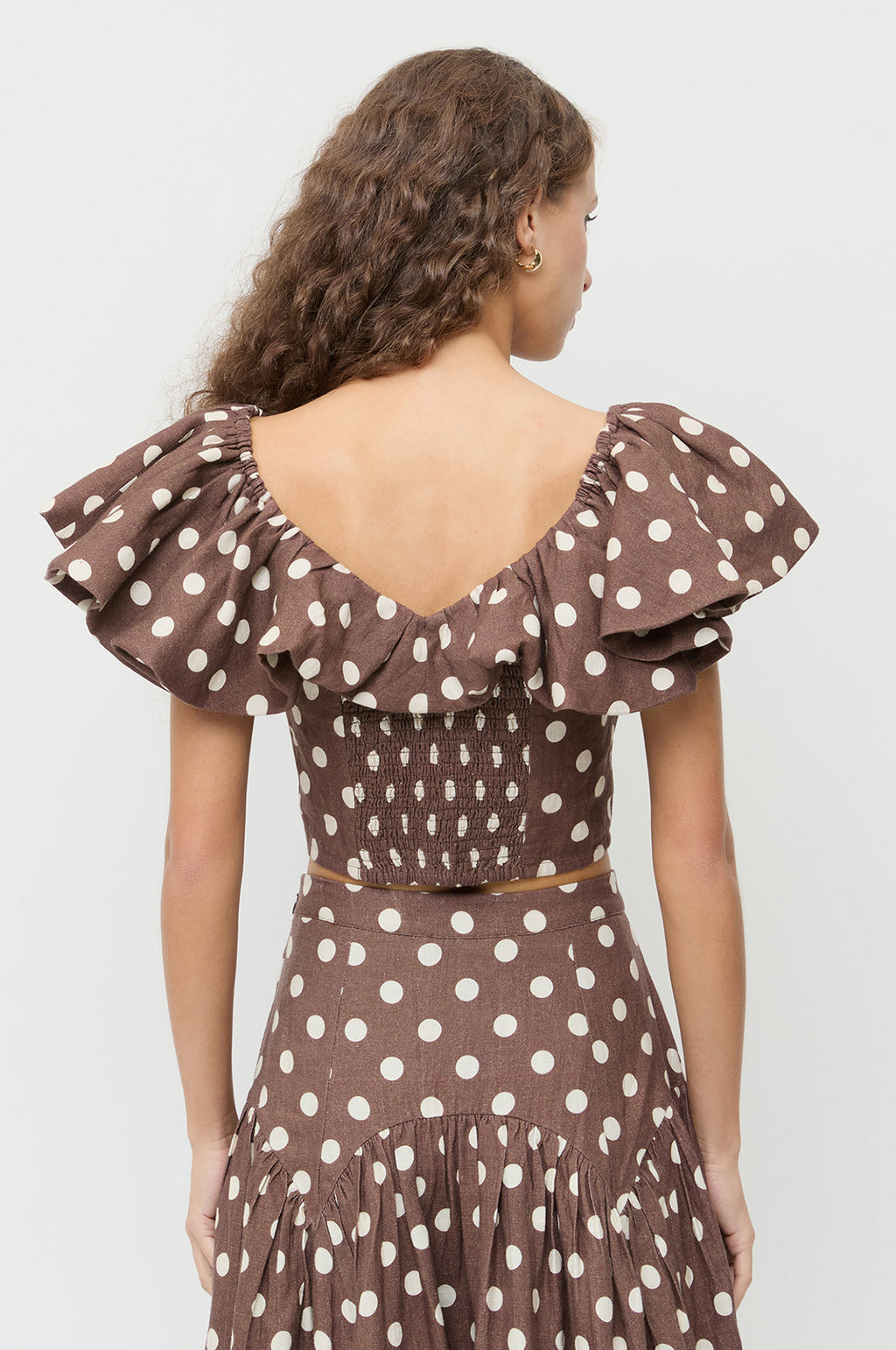 Vega Godet Bubble Sleeve Top Brown/Cream Polka Dot