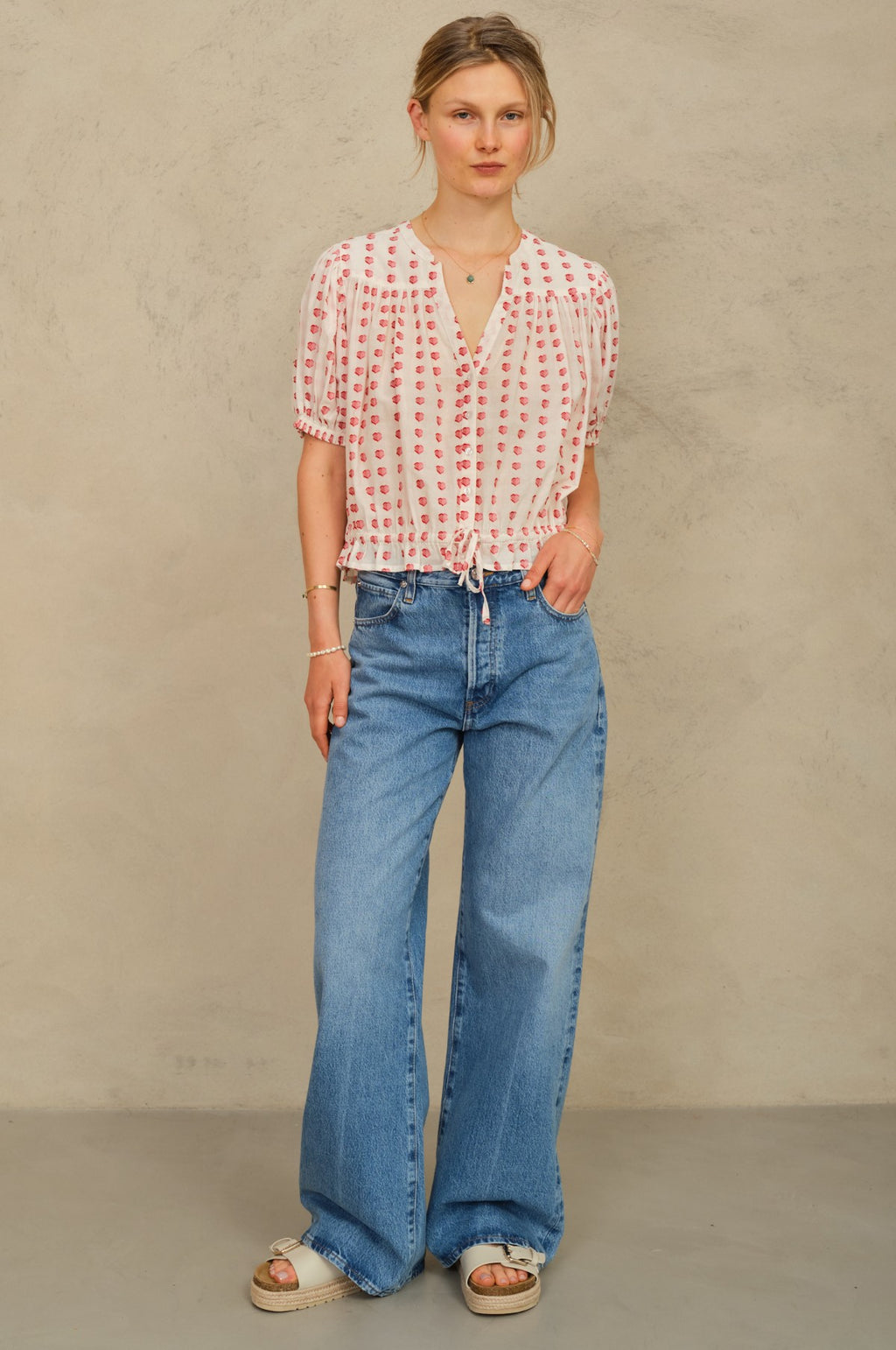 Karla Gathered Top Ecru/Red