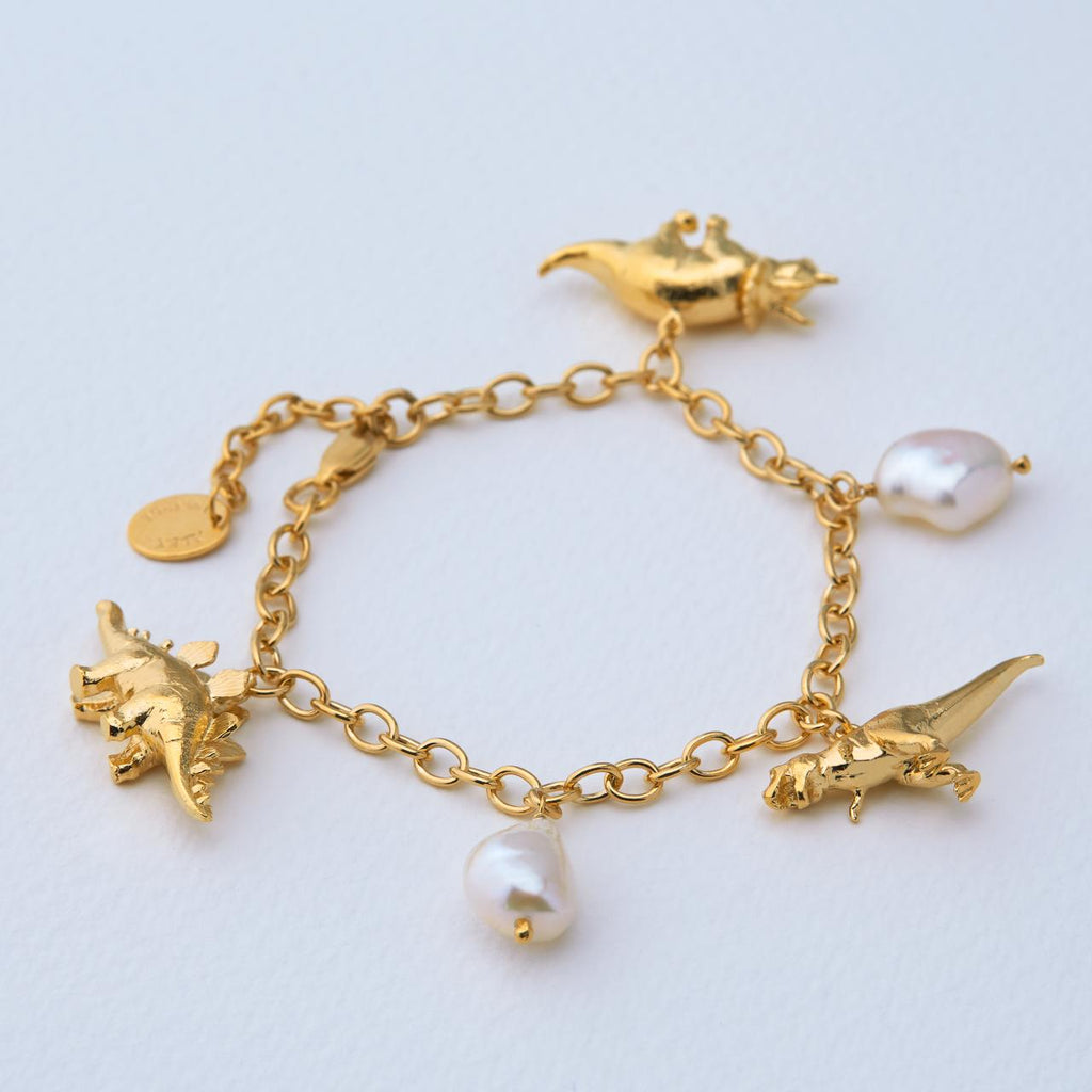 A.M. Dinosaur and Baroque Pearl Charm Bracelet Gold