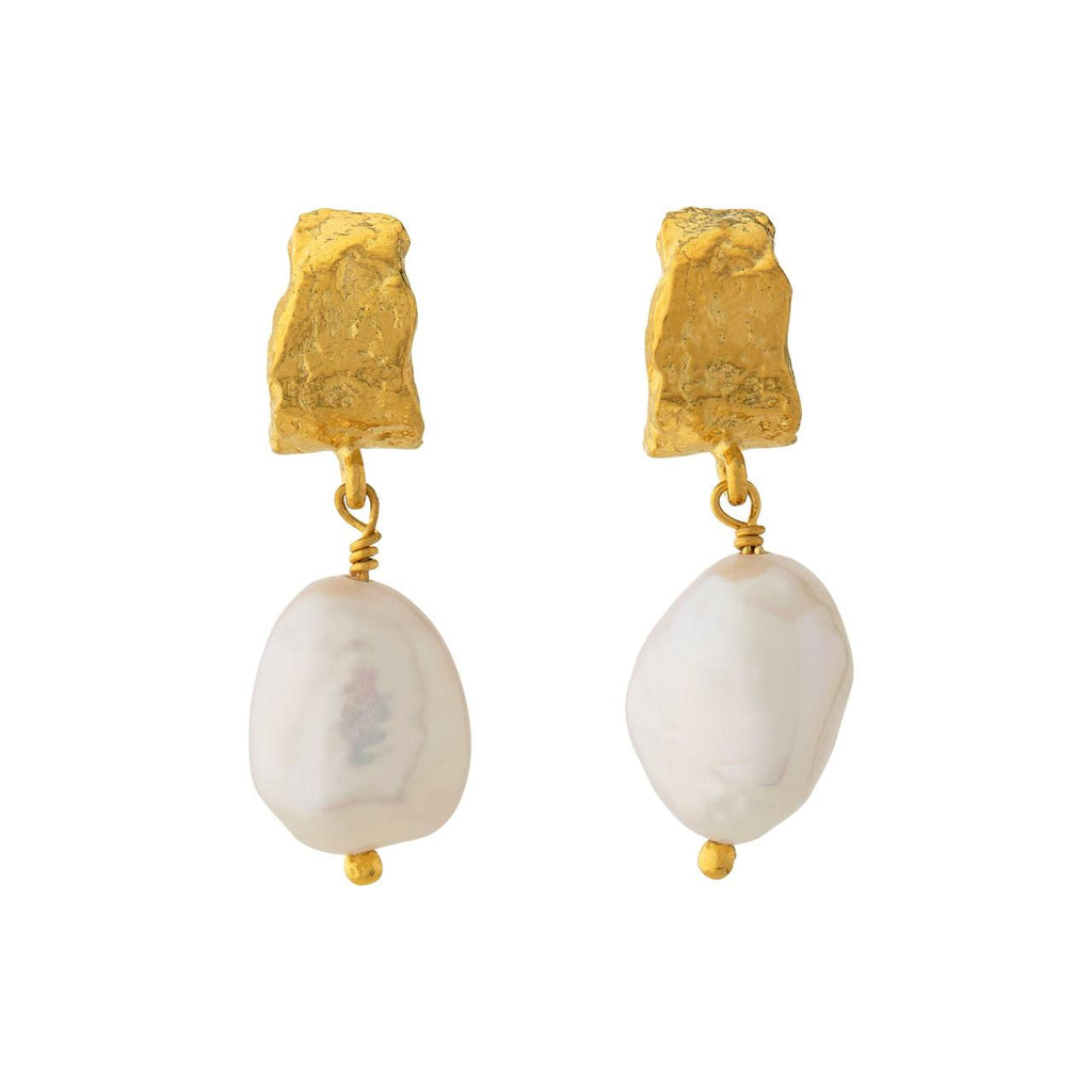 A.M. Textured Bark Huggie Hoop Earrings with Baroque Pearl Drops Gold