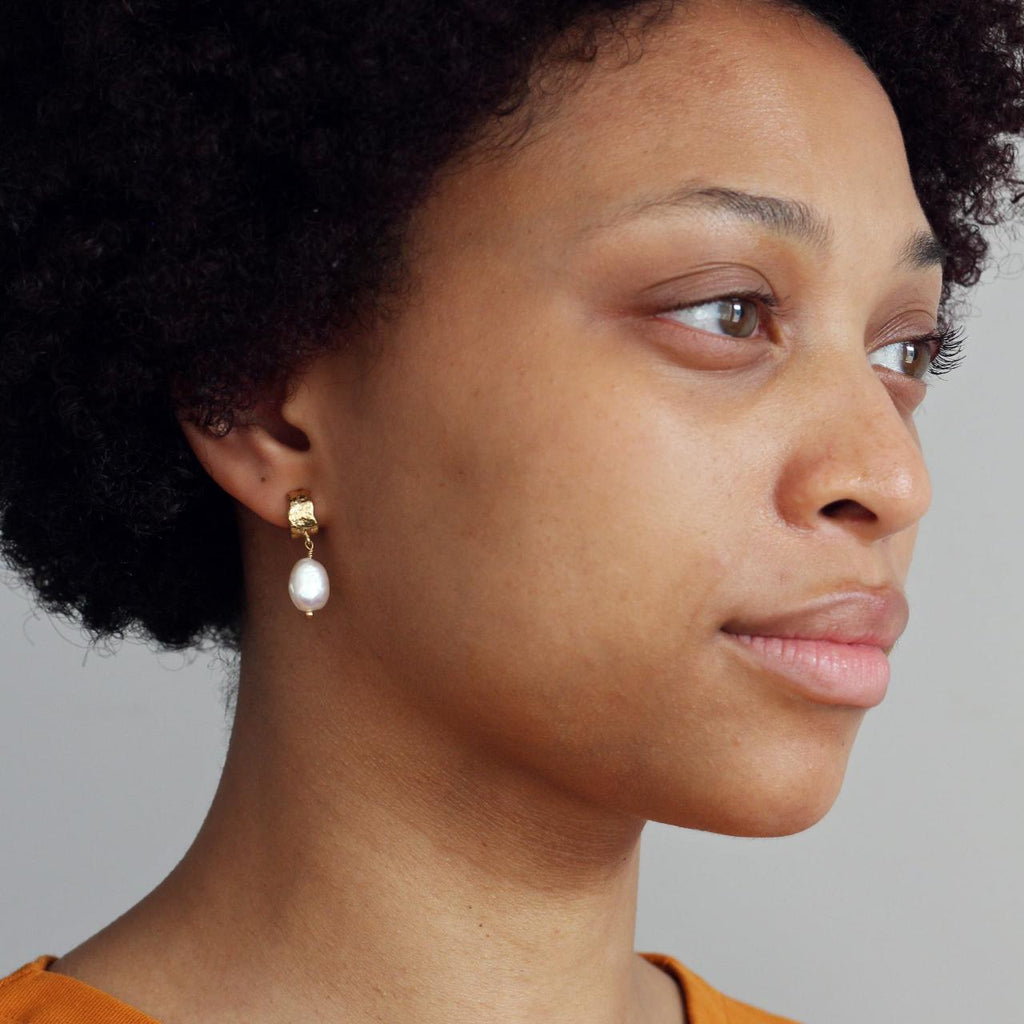 A.M. Textured Bark Huggie Hoop Earrings with Baroque Pearl Drops Silver