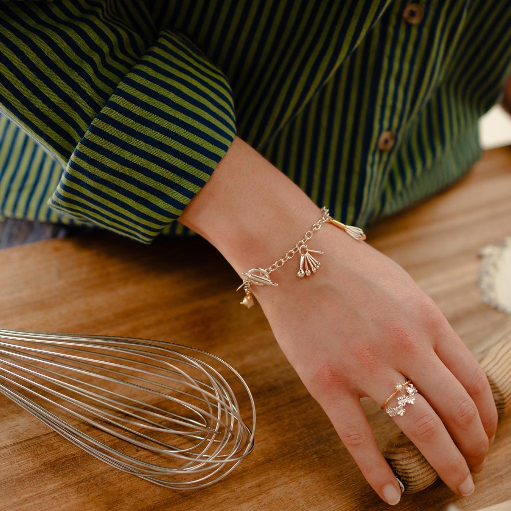 A.M. Baking Charm Bracelet with Rolling Pin T-Bar Fastening, Silver with Gold Plated Details