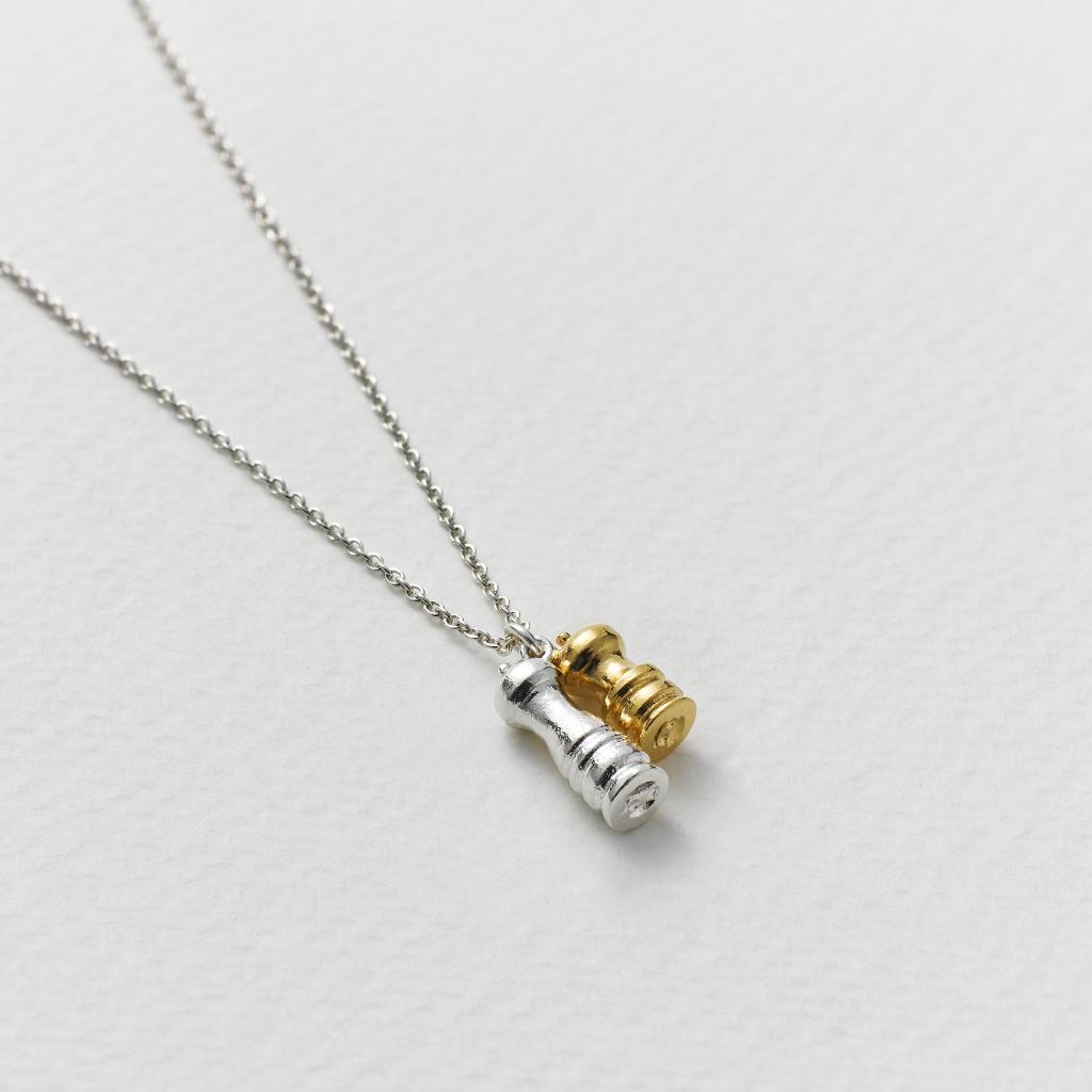 A.M. Salt & Pepper Mills Charm Necklace, Silver with Gold Plated Details