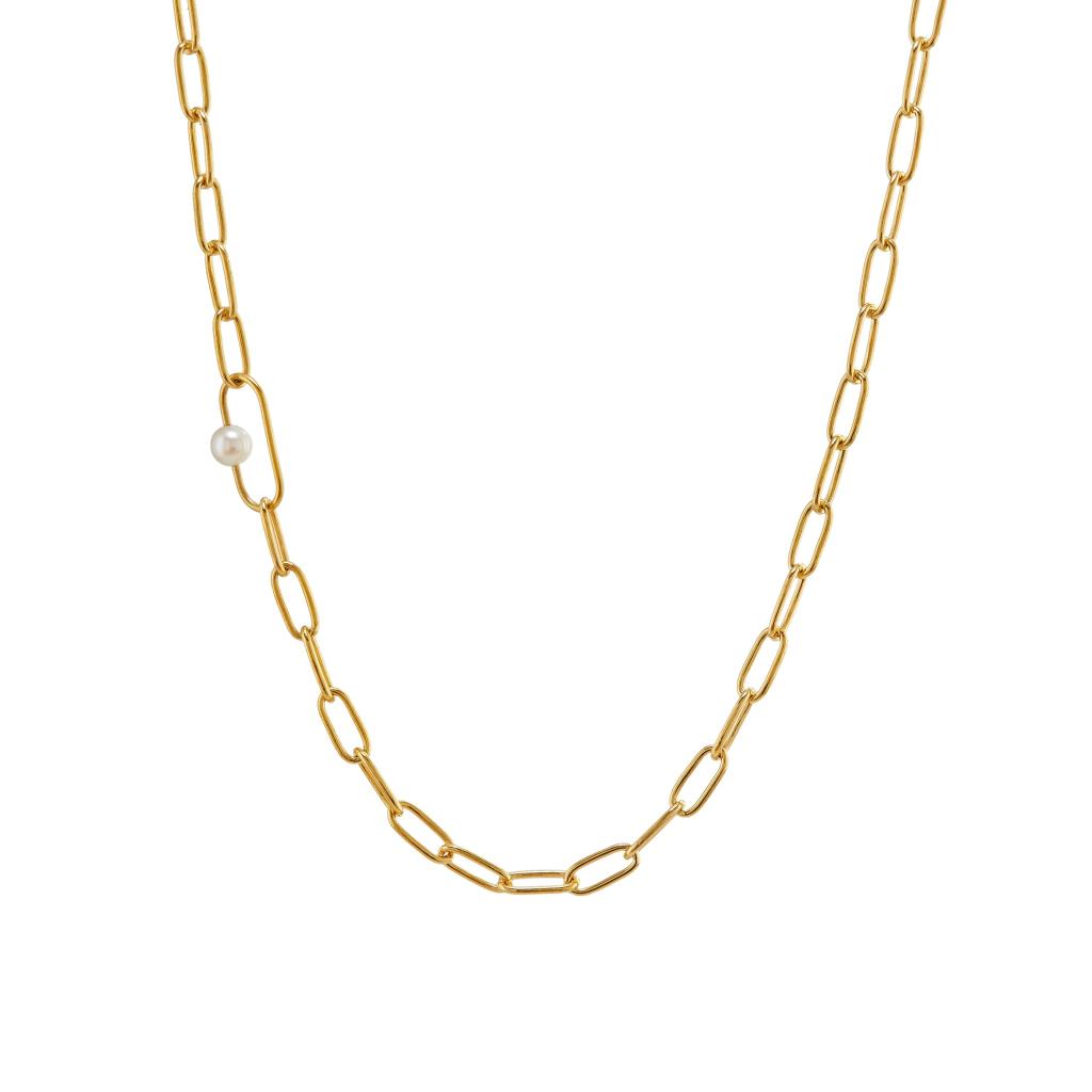 A.M. Pea Large Link Necklace with Single Pearl Gold