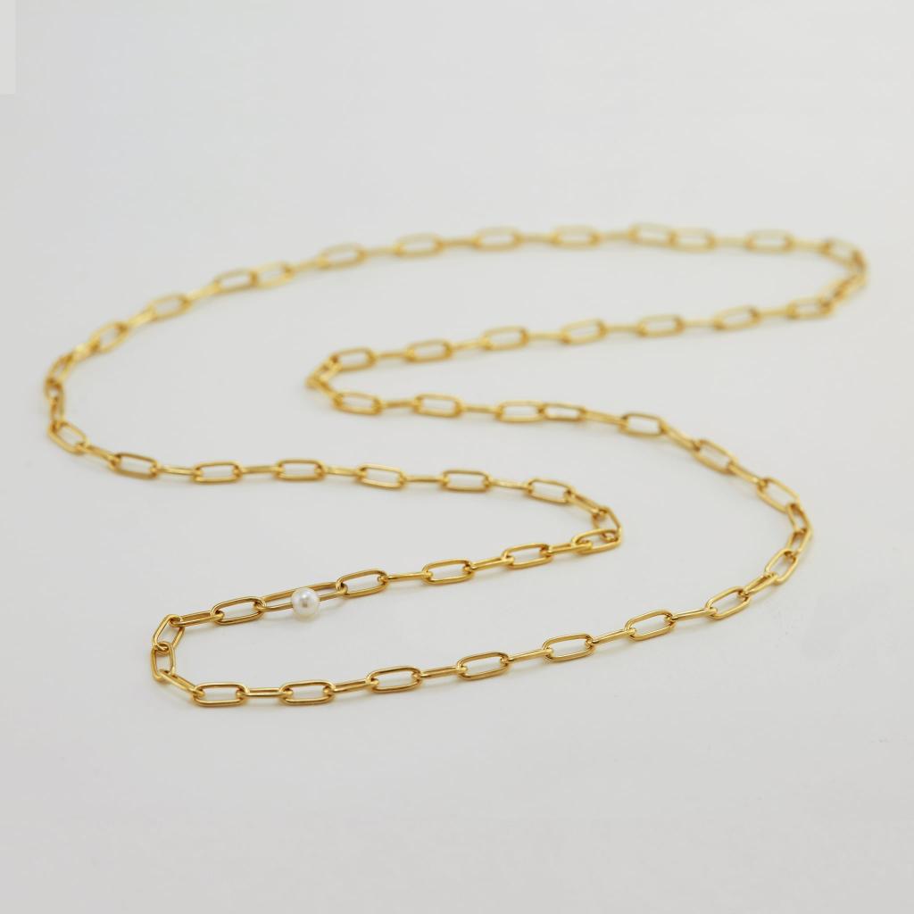 A.M. Pea Large Link Necklace with Single Pearl Gold