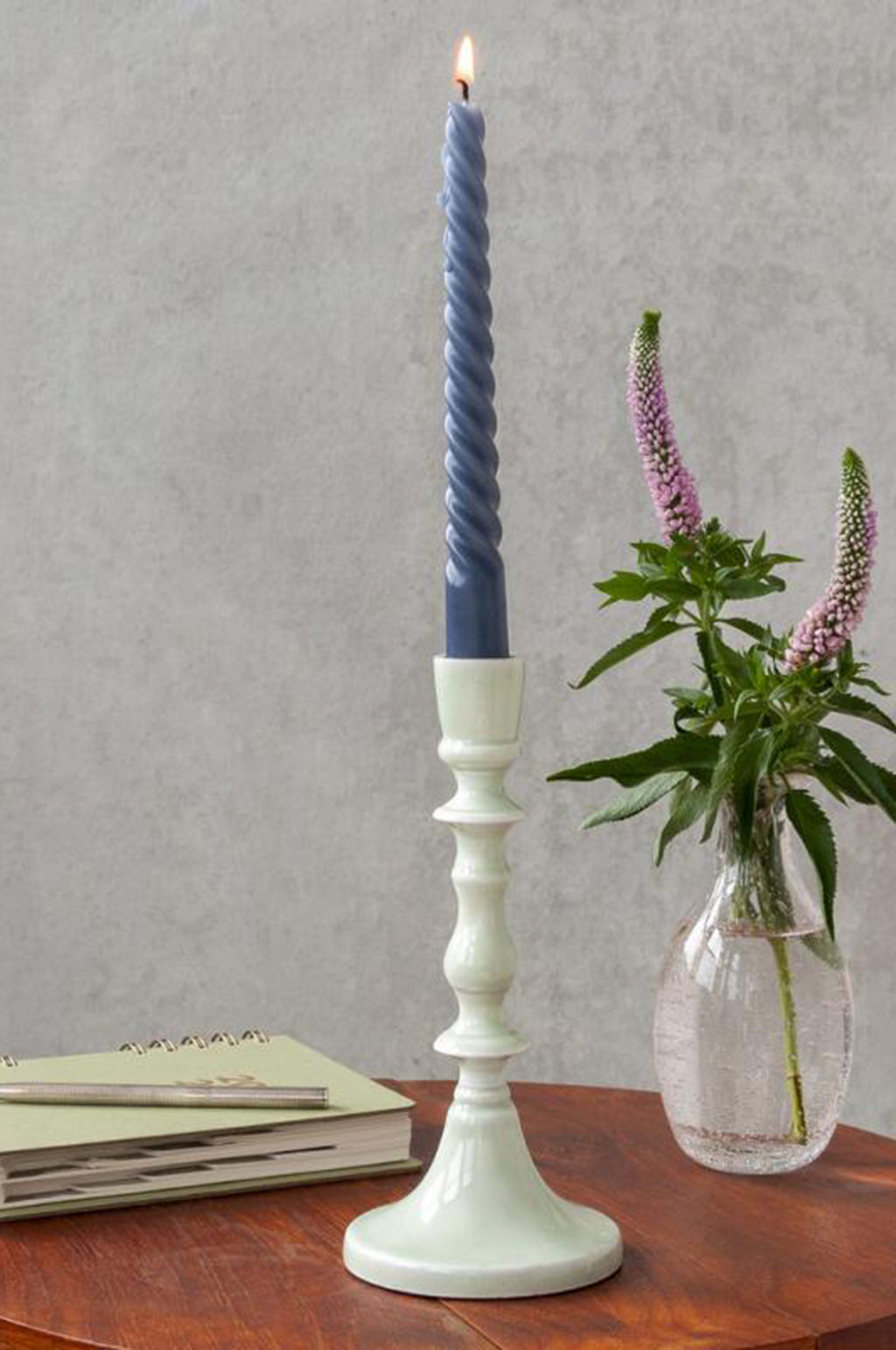 Enamel Candlestick 19cm Light Grey