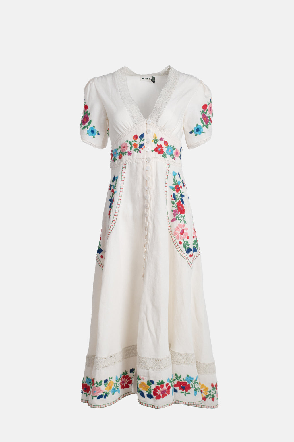 Rixo Novara Dress Anemone Embroidery Cream.