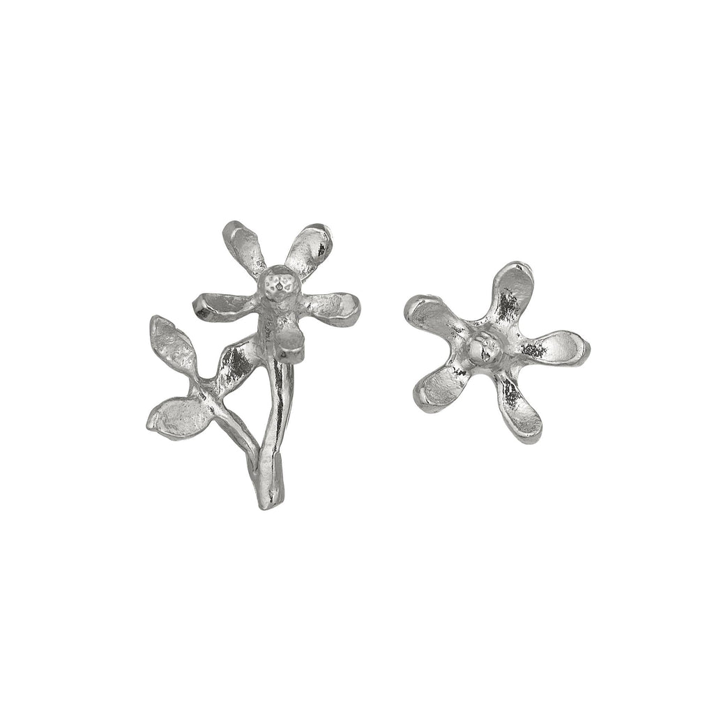 A.M. Asymmetric Growing Flower Stud Earrings Silver
