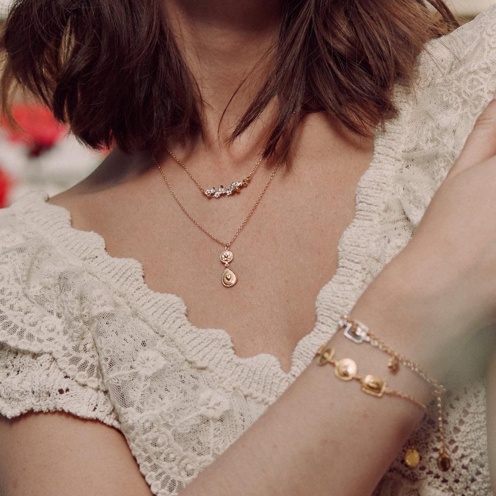 A.M. Love of Nature Heart & Flower Drop Necklace Gold