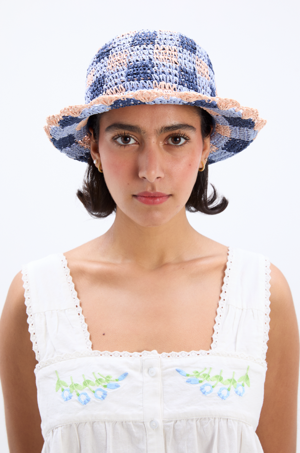 Gingham Straw Bucket Hat Navy & Pale Pink