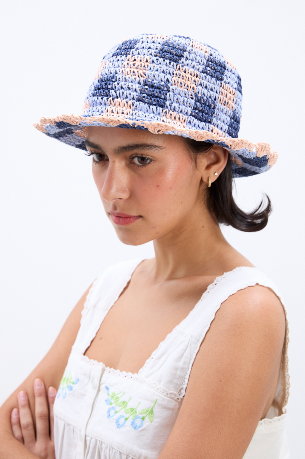 Gingham Straw Bucket Hat Navy & Pale Pink