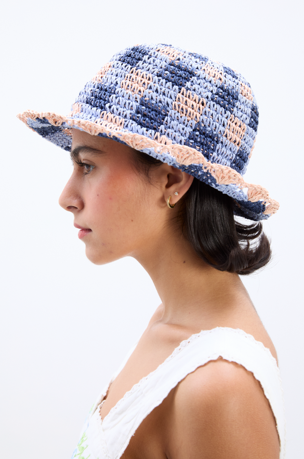 Gingham Straw Bucket Hat Navy & Pale Pink