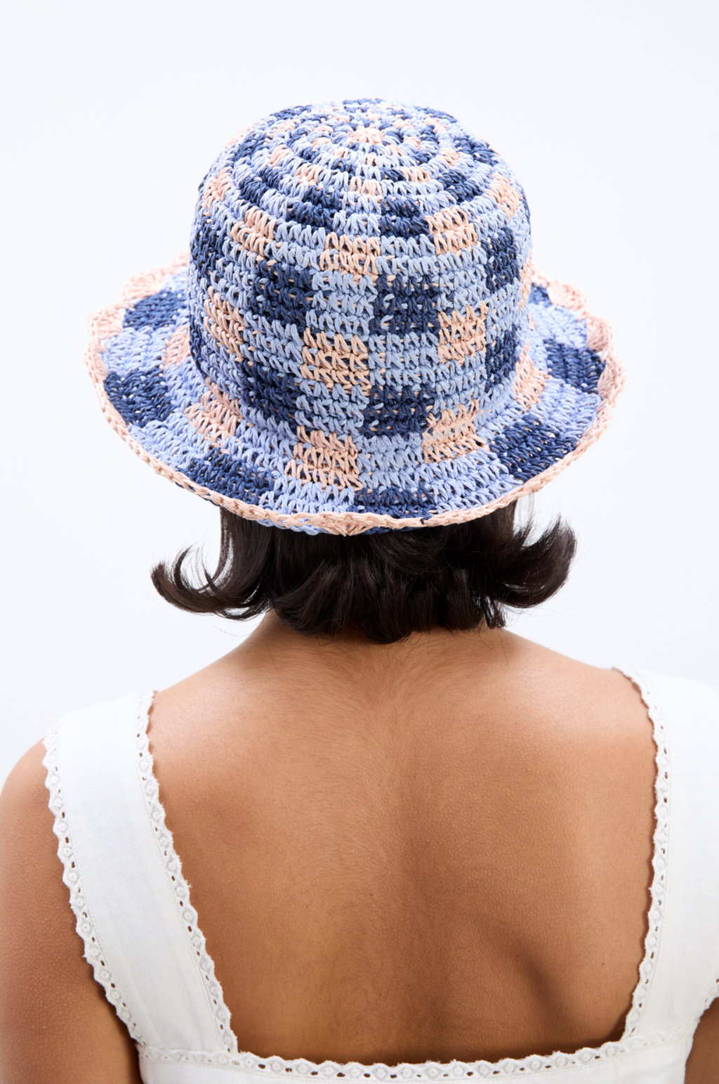 Gingham Straw Bucket Hat Navy & Pale Pink