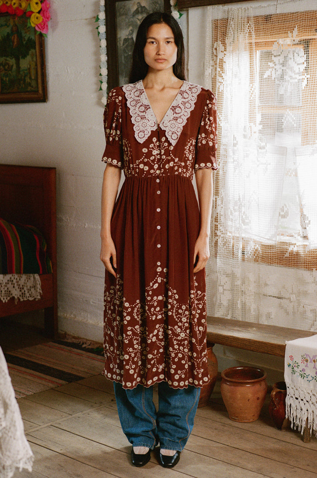 Frances Print S/Slv Midi Dress Brown