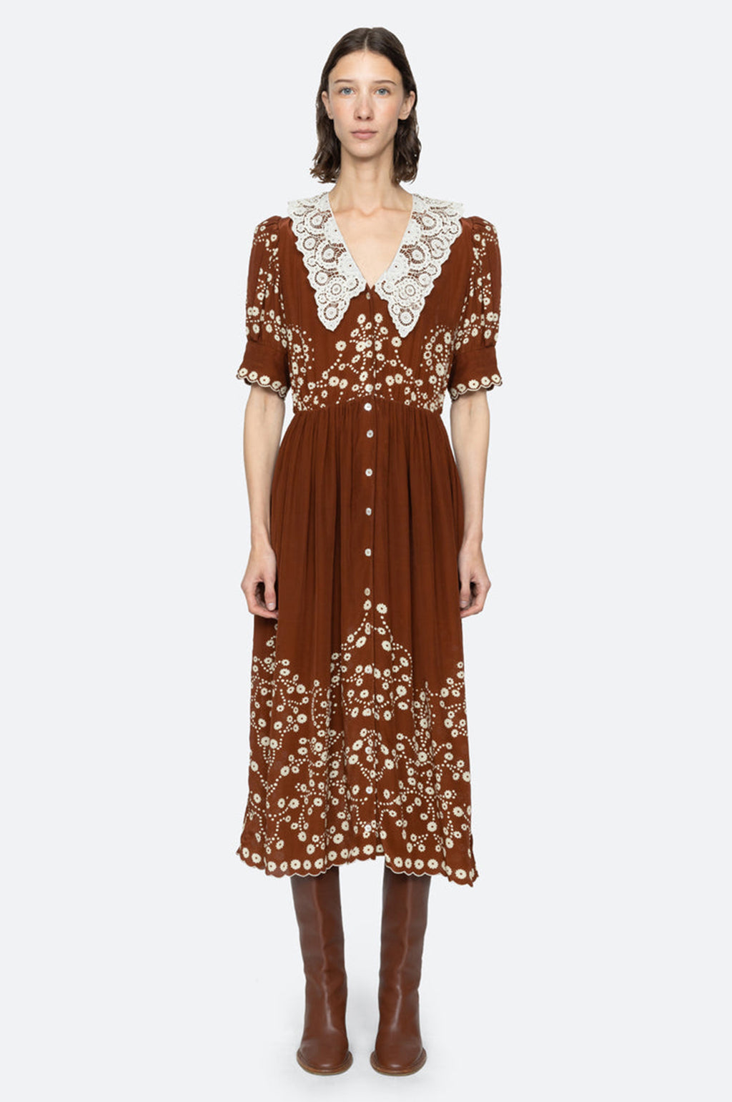 Frances Print S/Slv Midi Dress Brown