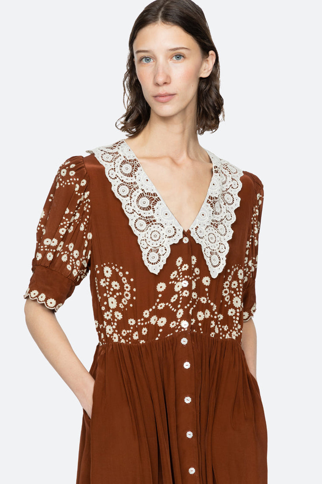 Frances Print S/Slv Midi Dress Brown