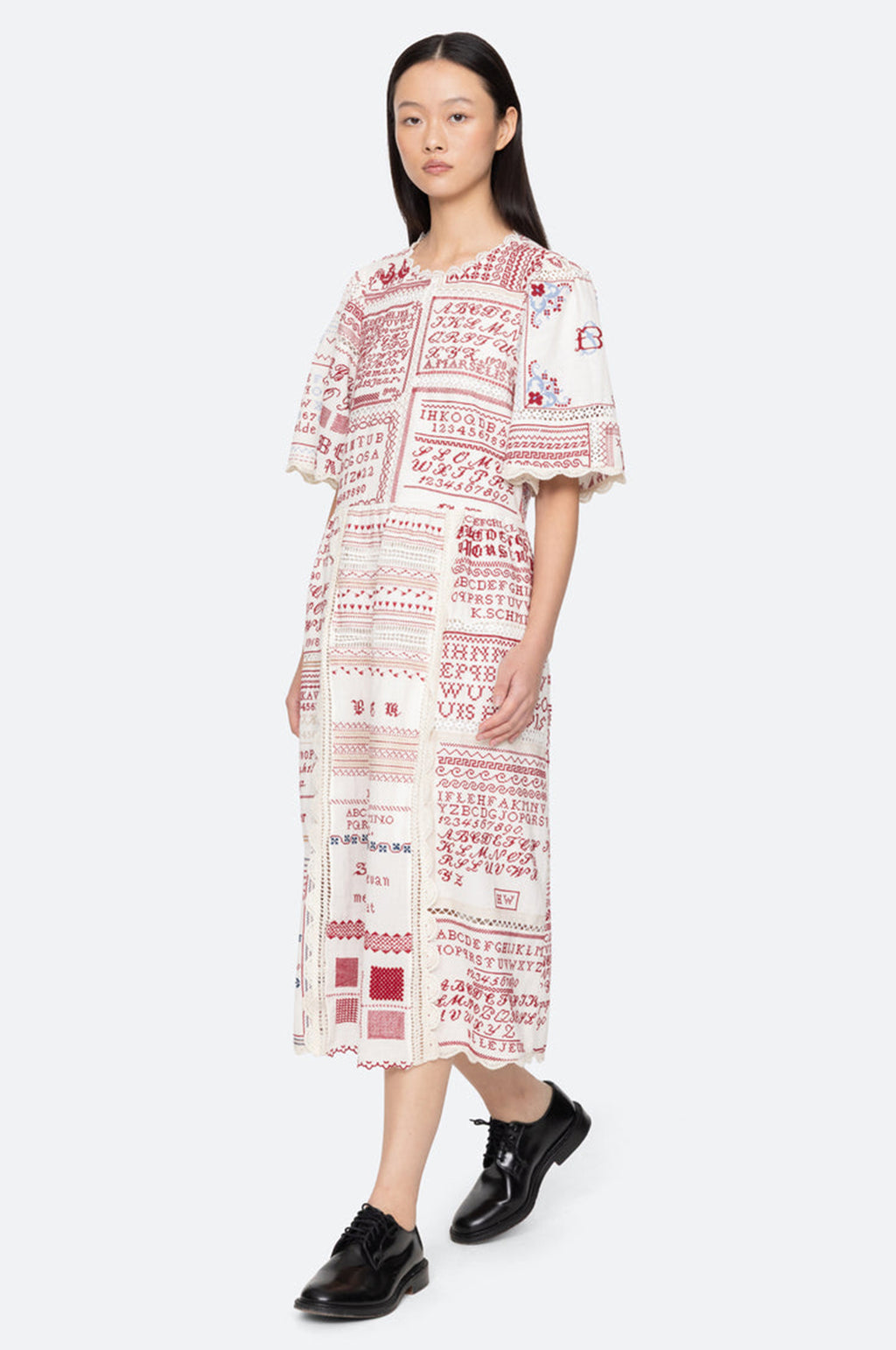 Kit Embroidery S/Slv Midi Dress Cream