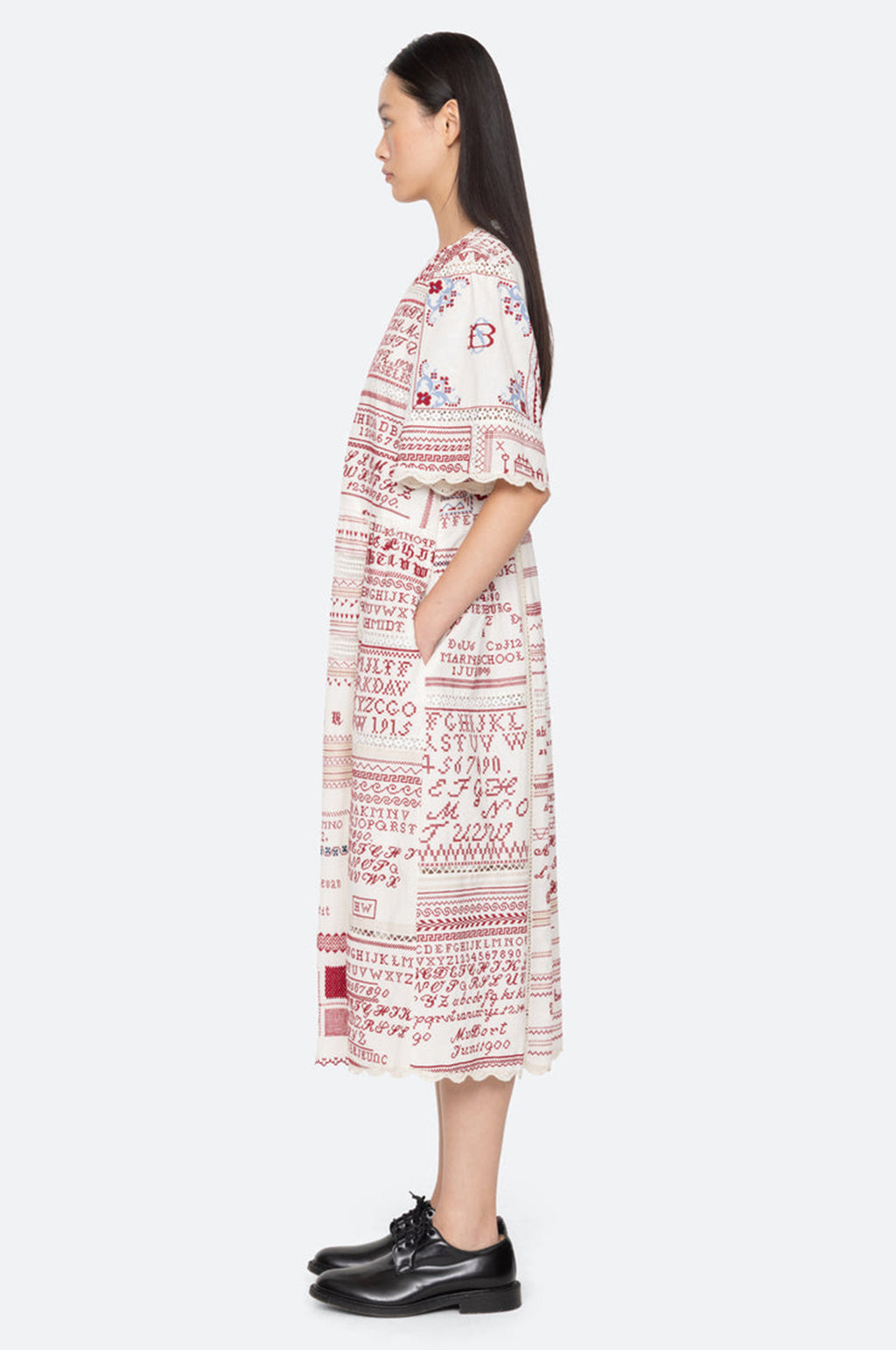 Kit Embroidery S/Slv Midi Dress Cream