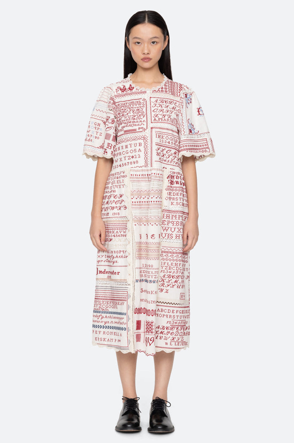 Kit Embroidery S/Slv Midi Dress Cream