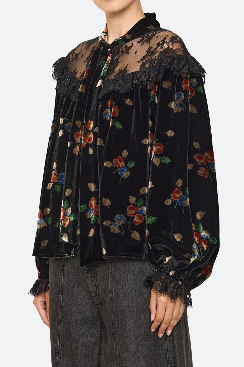 Leda Velvet L/Slv Tie Neck Top Black