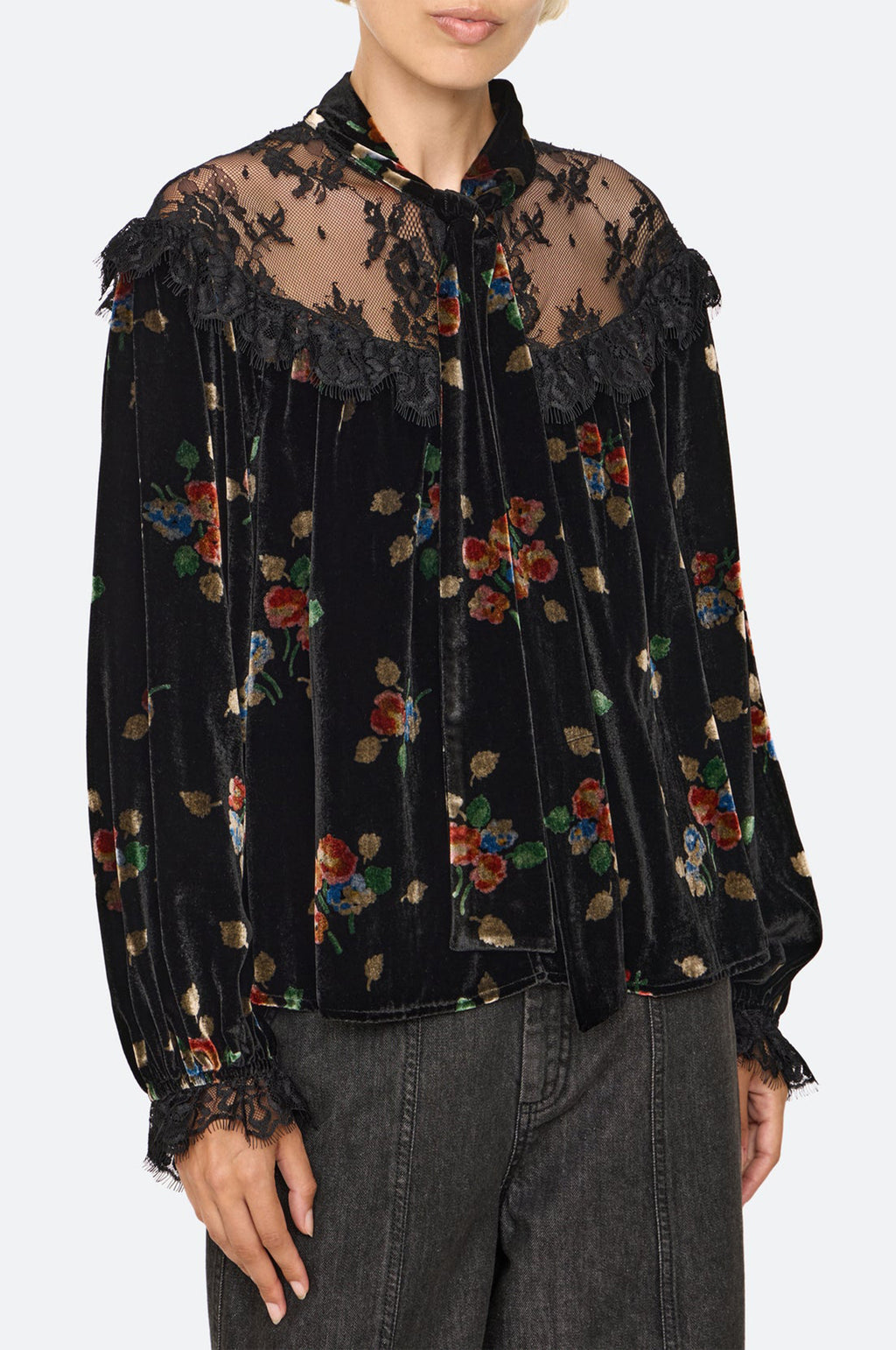 Leda Velvet L/Slv Tie Neck Top Black