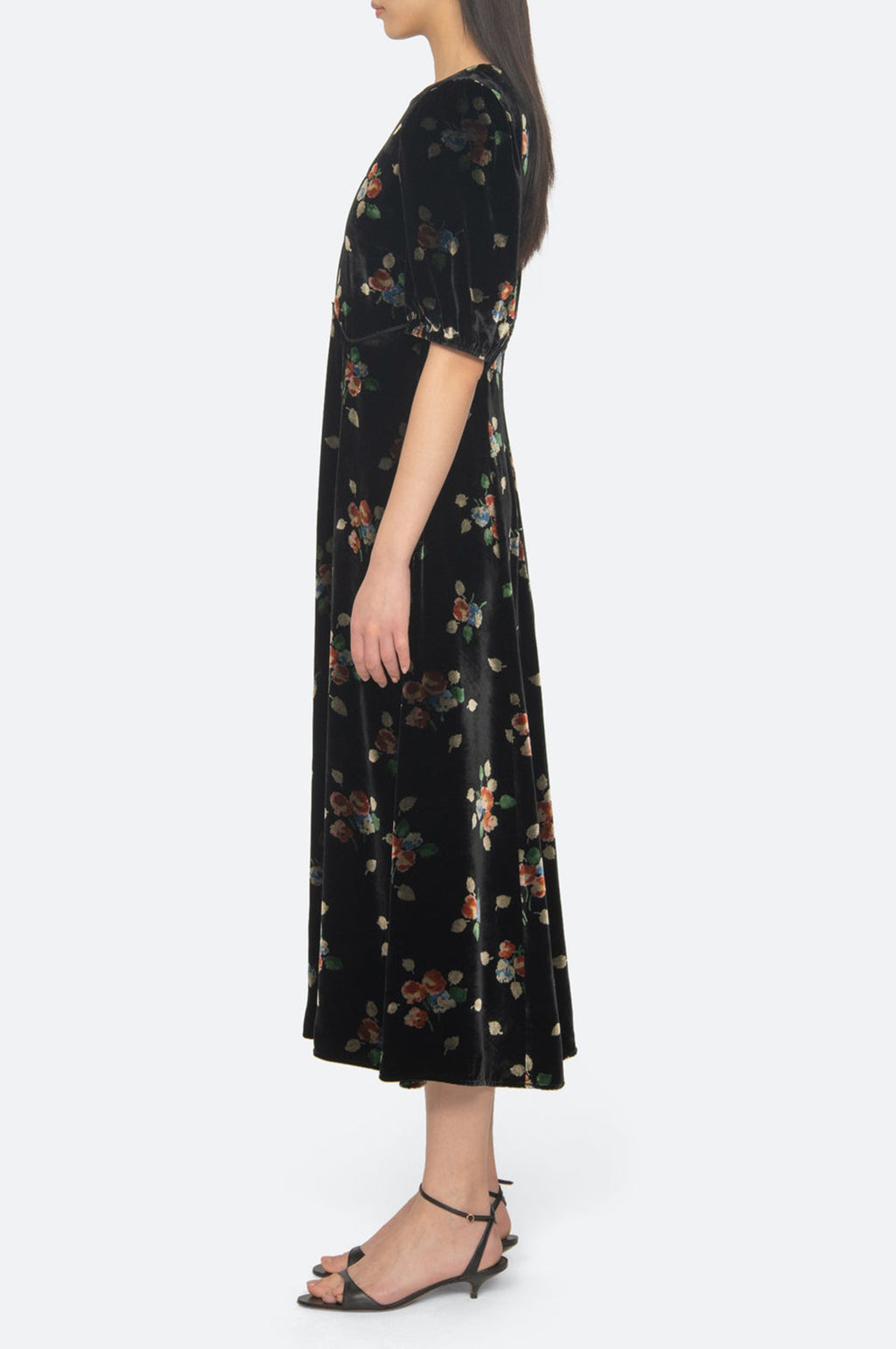 Leda Velvet Puff Slv Midi Dress Black