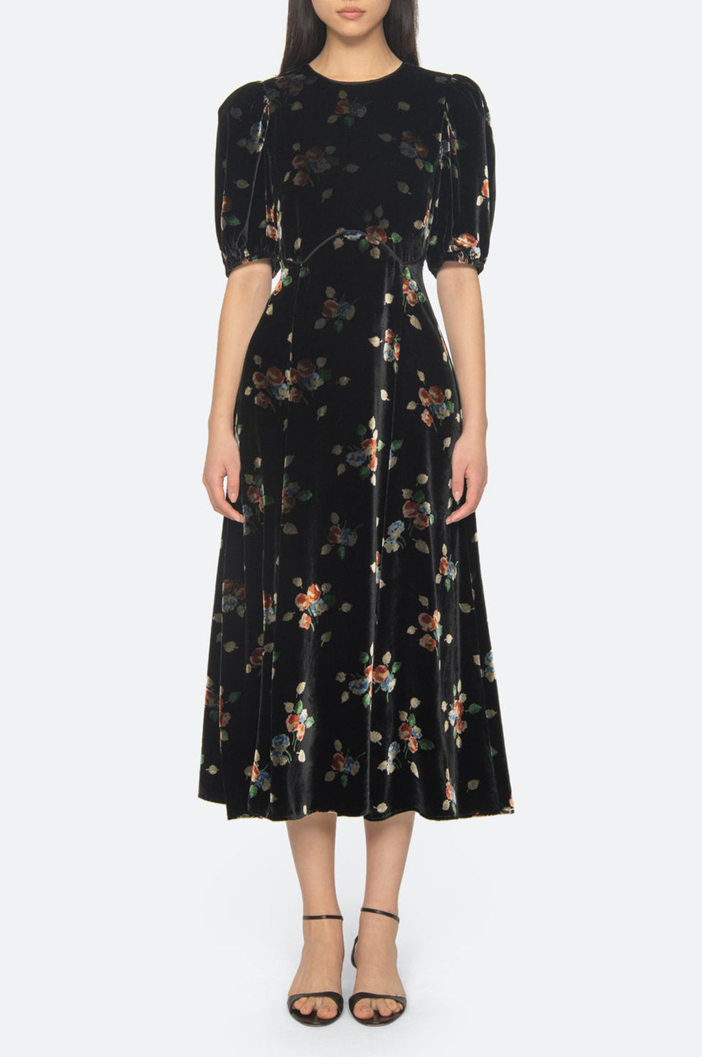 Leda Velvet Puff Slv Midi Dress Black