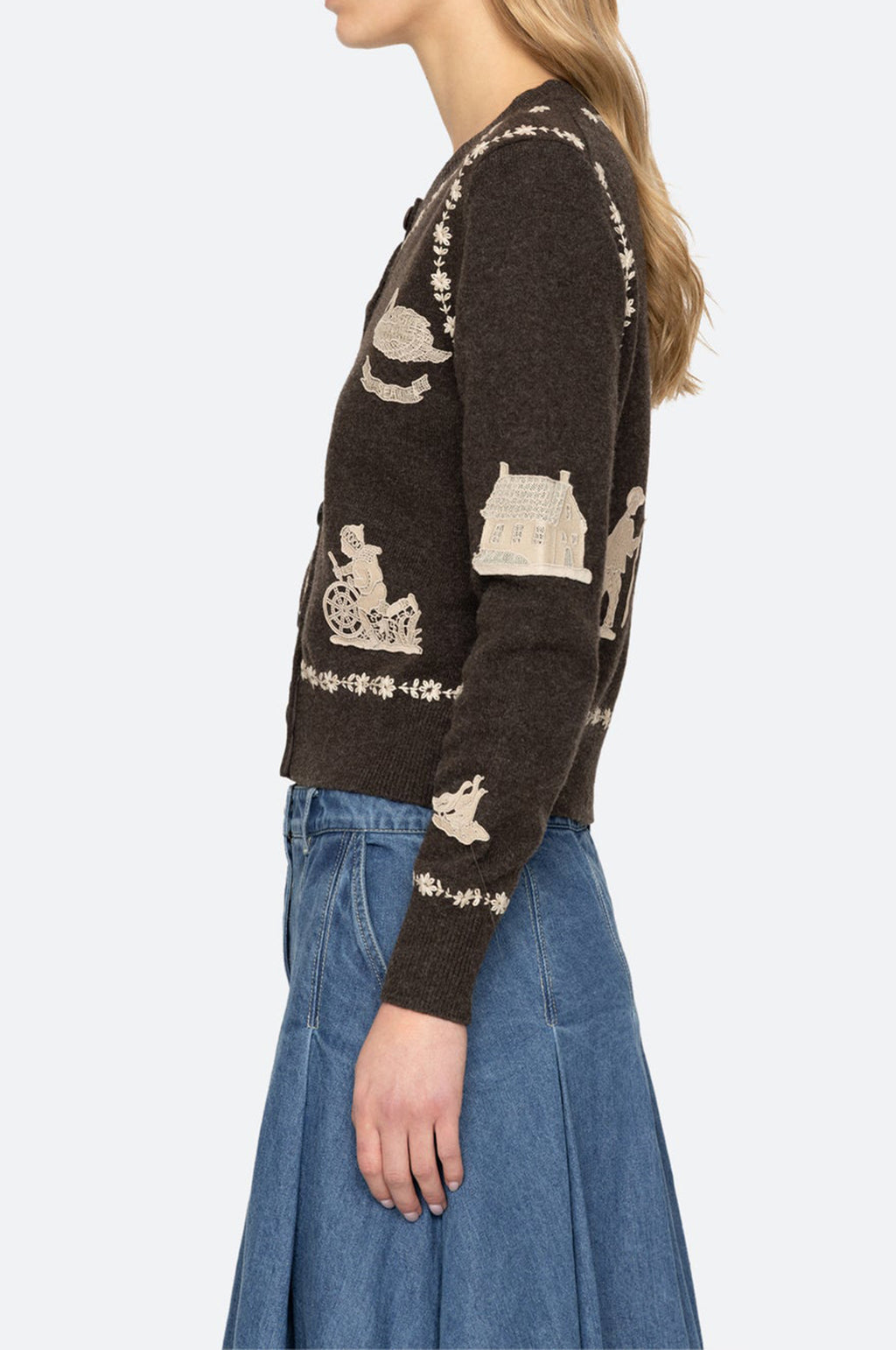 Margeurite Lace Patch L/Slv Cardigan Coffee